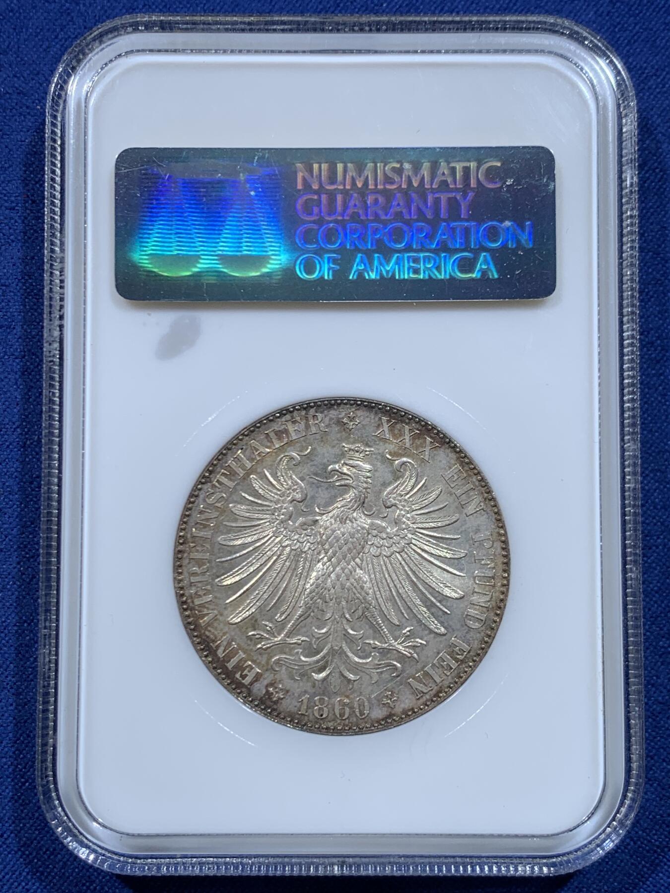 《竞宝斋》第446场 周日，周一，2场连拍 （全场包邮） NGC MS63 德国1860年法兰克福少女泰勒银币 季军分