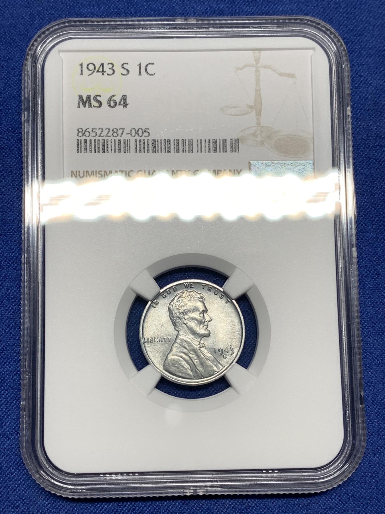 《竞宝斋》第446场 周日，周一，2场连拍 （全场包邮） NGC MS64 美国1943年1美分铁币，独立年份，二战时期特殊材质，少见S版