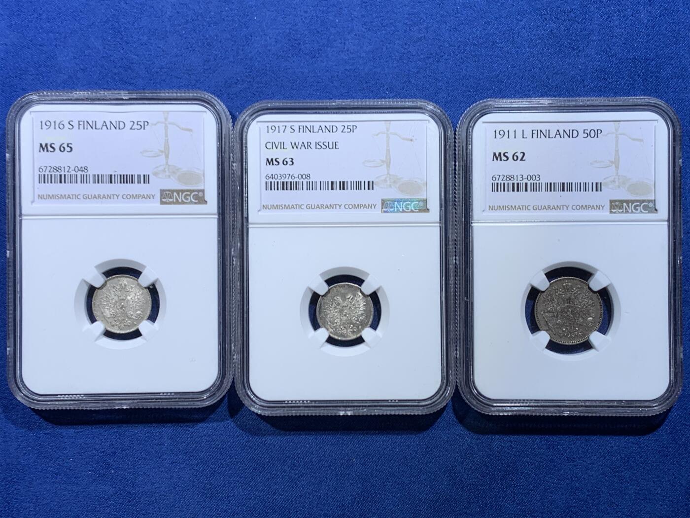 《竞宝斋》第446场 周日，周一，2场连拍 （全场包邮） 三枚一组 NGC MS65/63/62 芬兰1916/1917/1911年25/25/50芬妮银币，包浆各异，值得入手。