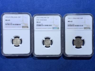 《竞宝斋》第446场 周日，周一，2场连拍 （全场包邮） - 三枚一组 NGC MS65/63/62 芬兰1916/1917/1911年25/25/50芬妮银币，包浆各异，值得入手。