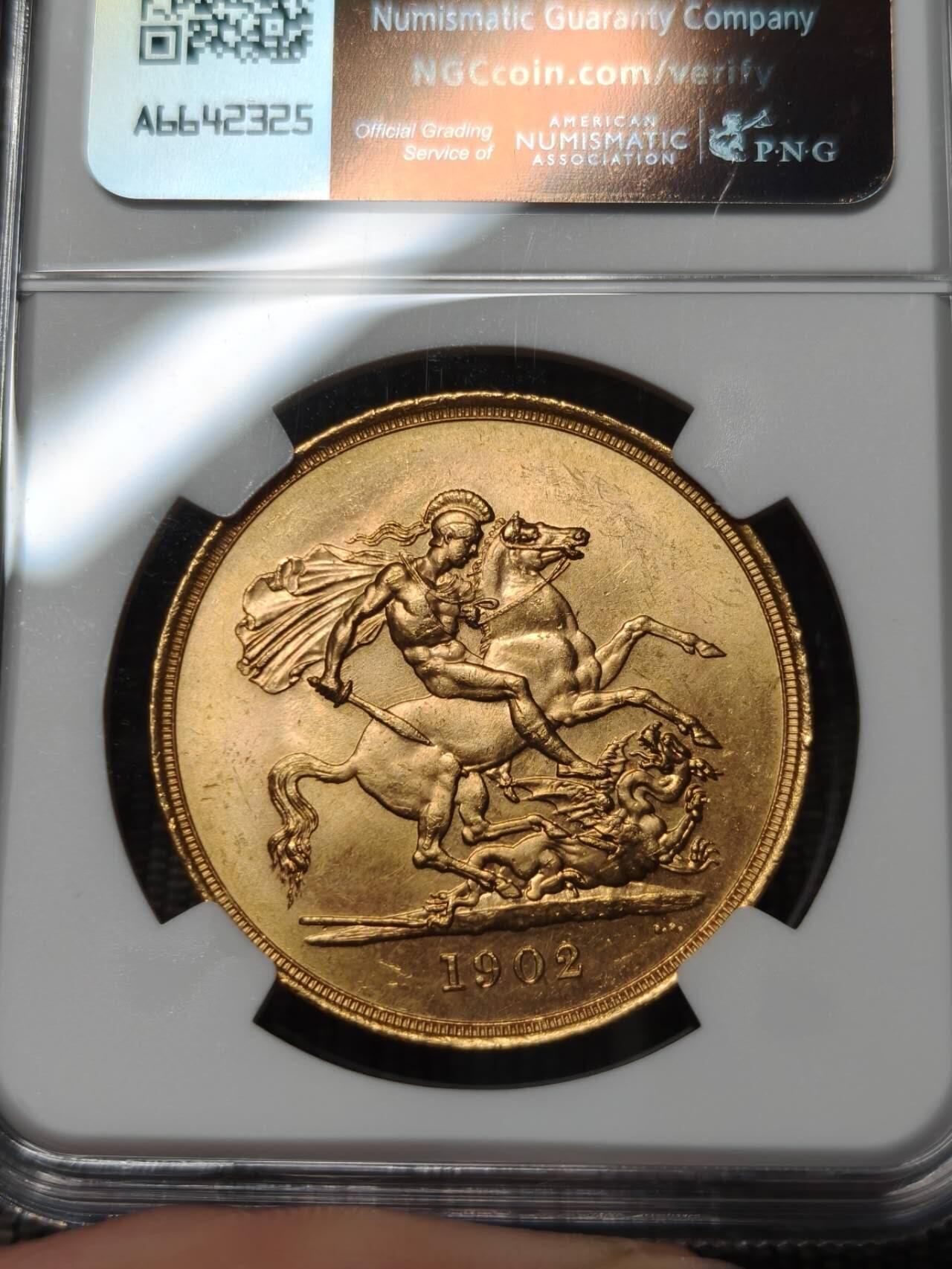 NGC评级MS62爱德华七世5镑金币5索维林马剑金币