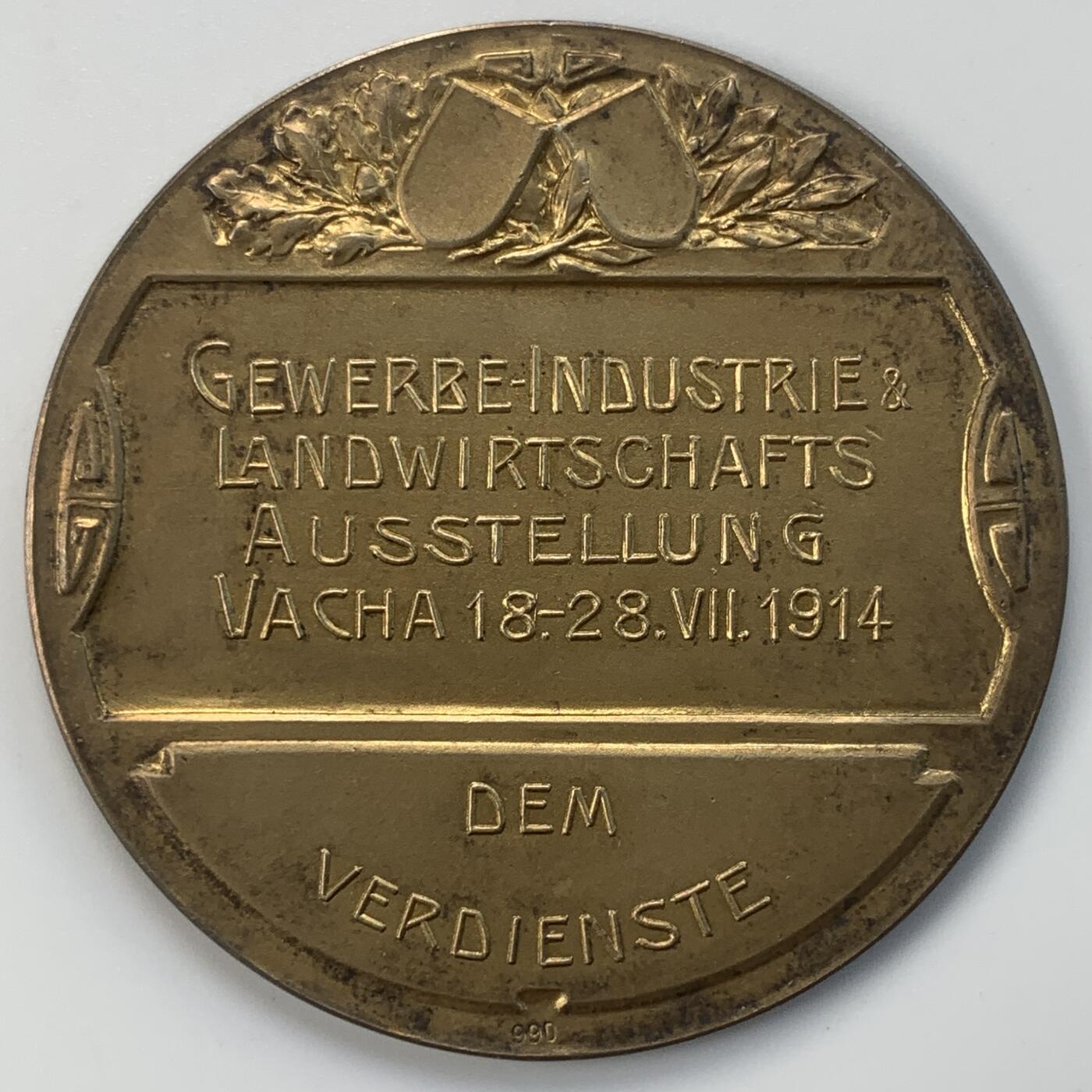 掌中浮雕-藏着的欧洲第045场 1914年德国法哈市工商业与农业展览会镀金银章(990)，51mm，43g，原盒
