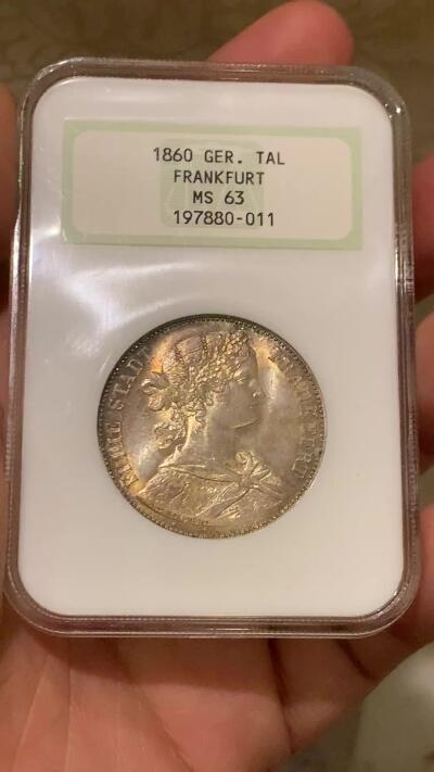 《竞宝斋》第446场 周日，周一，2场连拍 （全场包邮） NGC MS63 德国1860年法兰克福少女泰勒银币 季军分