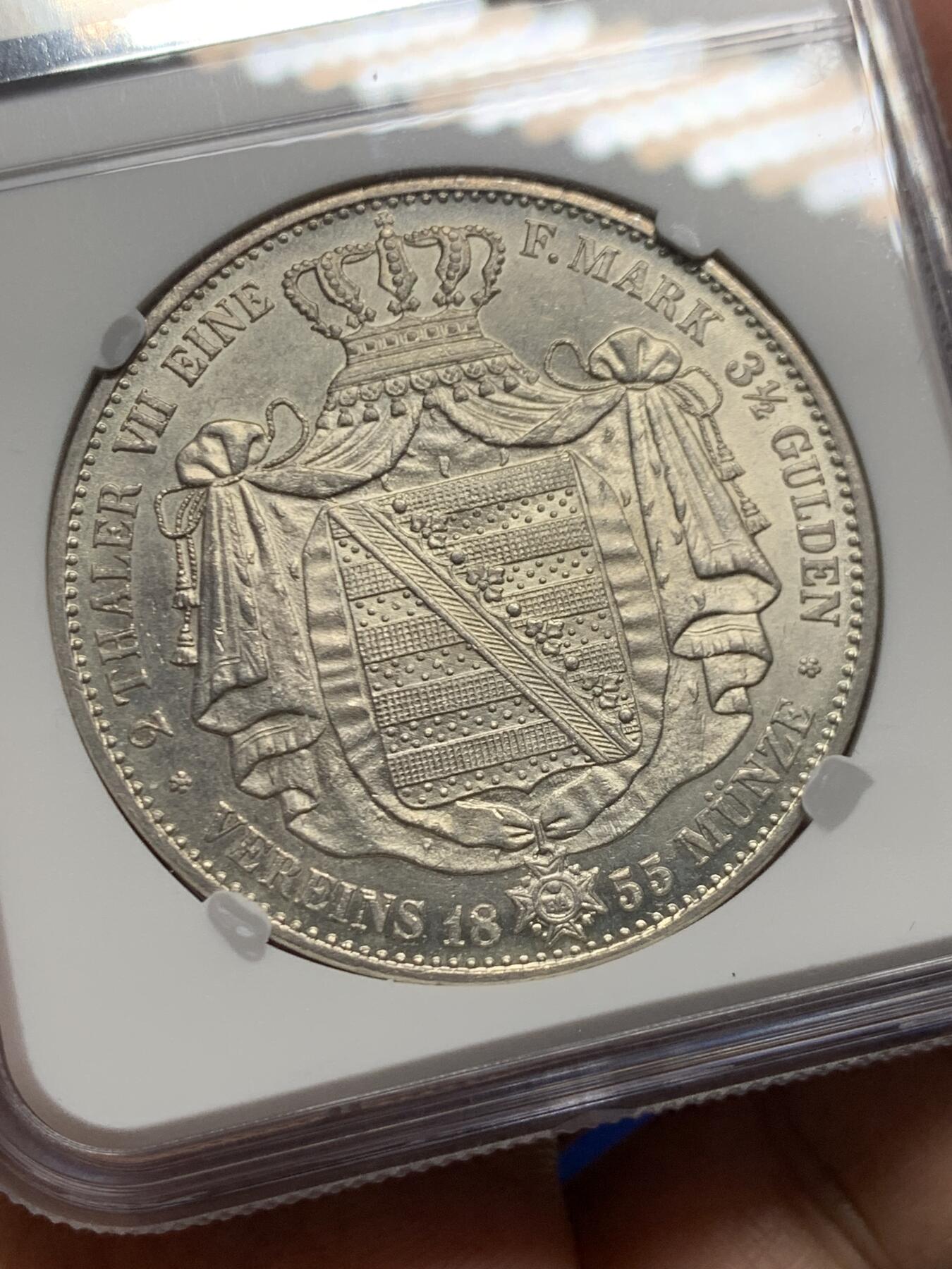 《竞宝斋》第446场 周日，周一，2场连拍 （全场包邮） 季军分 NGC MS62 德国 1855年 萨克森王国 约翰一世 2泰勒37克的大银币 仅发行两年 值得入手 手感十足