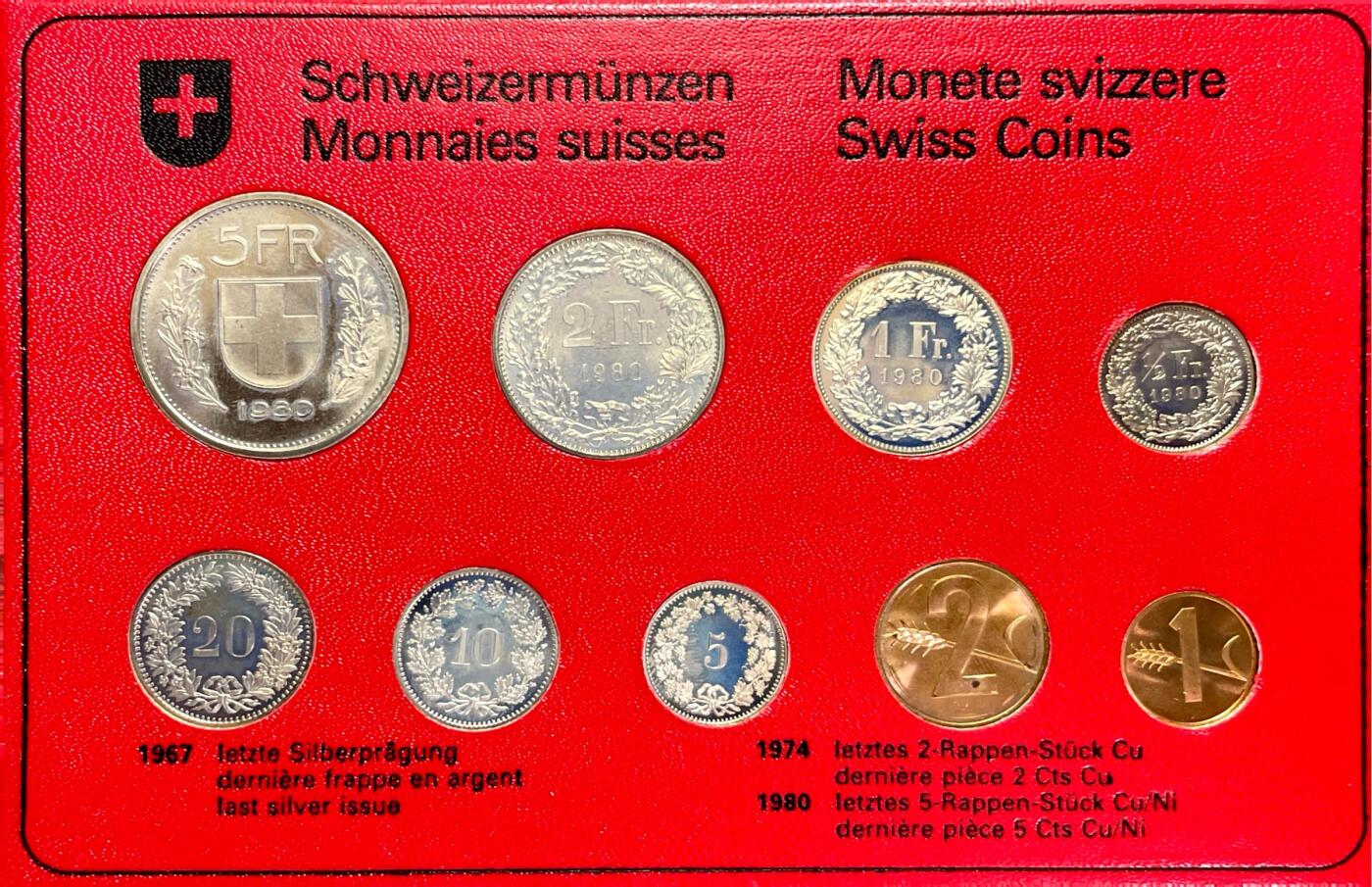 回流1208 全新 瑞士1980年套币卡册 8枚全