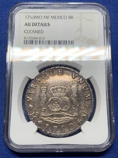 《竞宝斋》第446场 周日，周一，2场连拍 （全场包邮） - NGC AUD 墨西哥 1750年 MO MF 双柱 地球 8R 大银币 双面深打 线条粗犷
