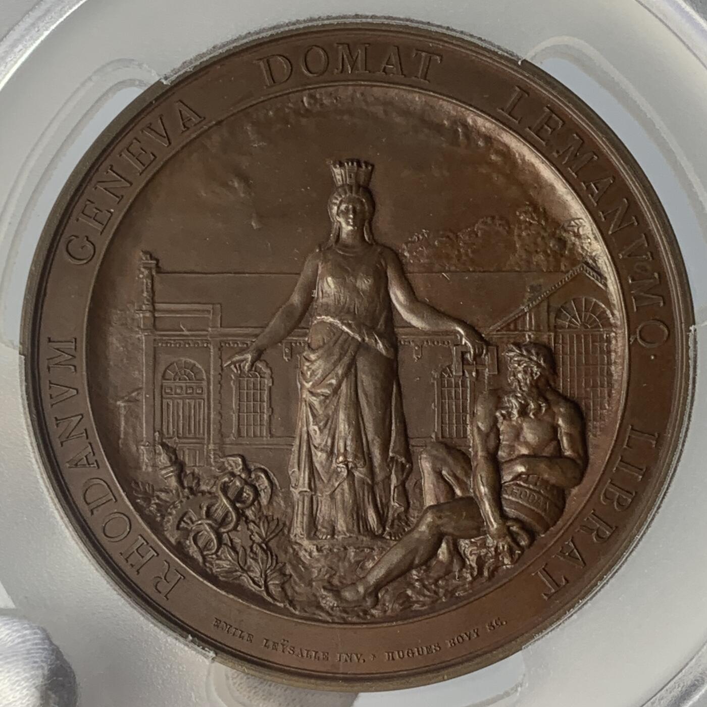 掌中浮雕-藏着的欧洲第045场 PCGS SP64 : 1886瑞士日内瓦库卢夫雷尼耶水电站竣工纪念铜章 , 62mm