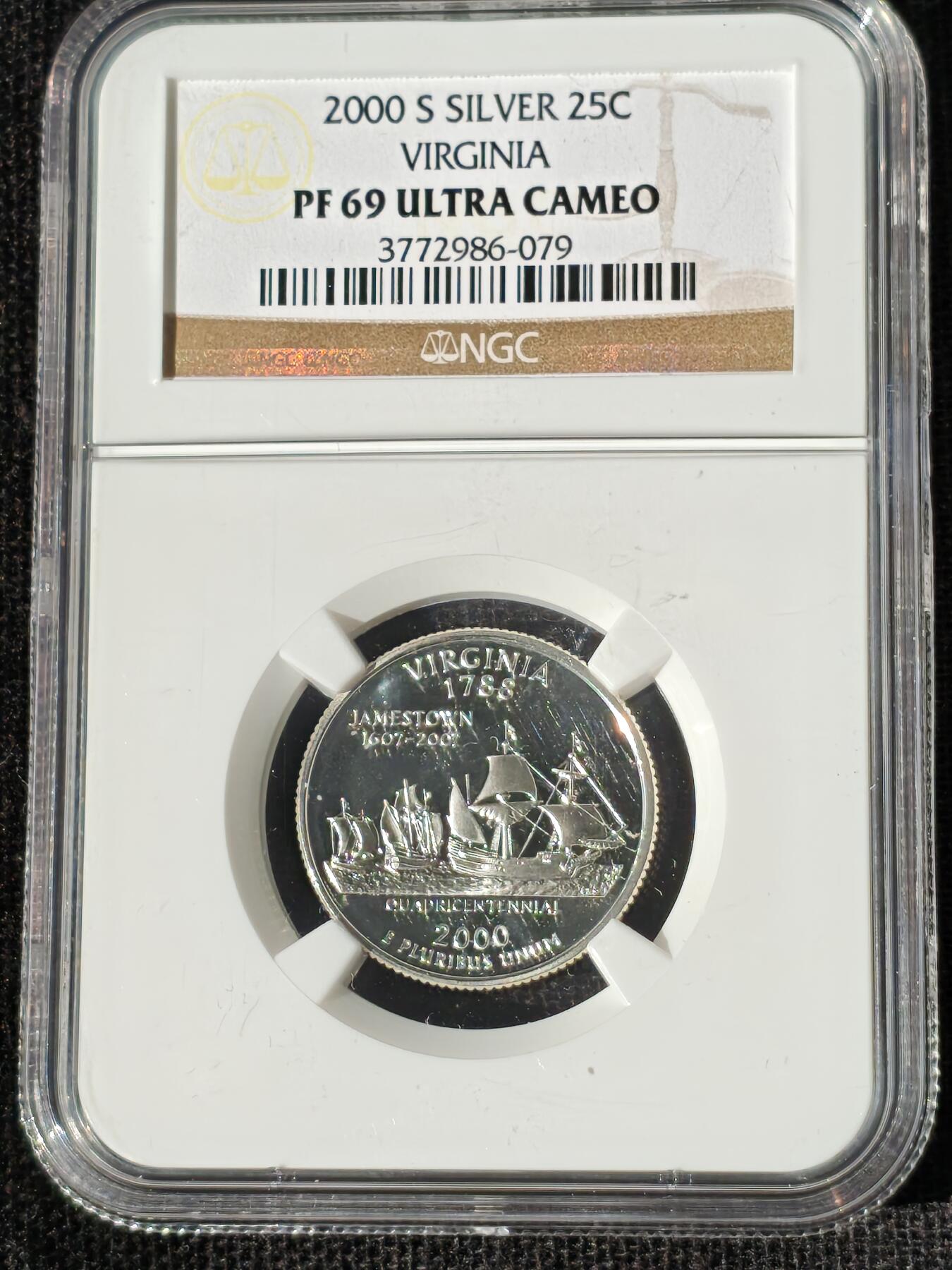 刘世昌艺术品销售中心～虎踞龙蟠*金杨在线联拍群第511期 美国2000年“弗吉尼亚州”精制纪念银币（NGC   PF69UC    串号：3772986-079）1枚。