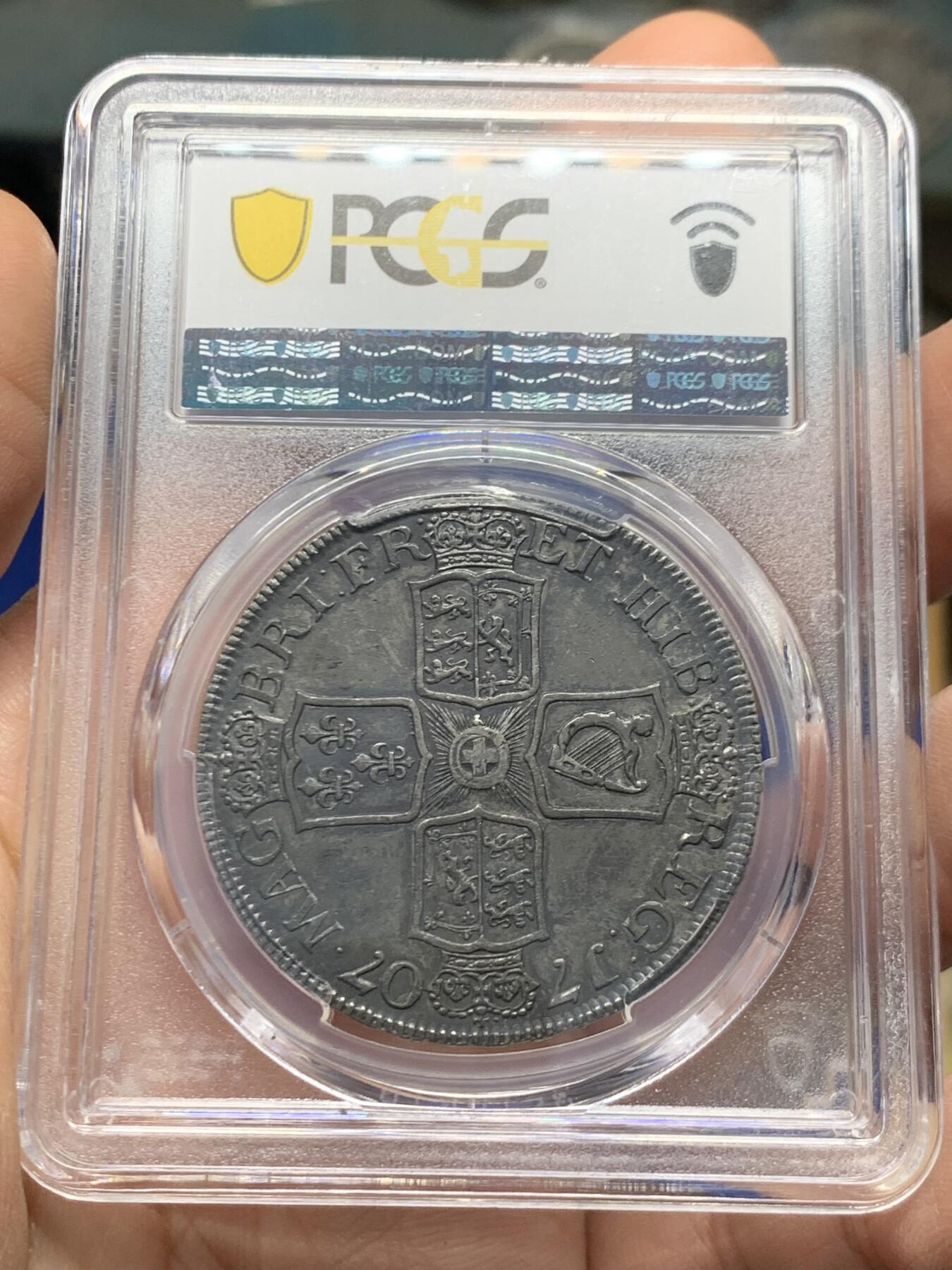《竞宝斋》第446场 周日，周一，2场连拍 （全场包邮） PCGS AU53 英国1707年英国安妮女王克朗银币（越来越贵的品种，PC亚军分！）