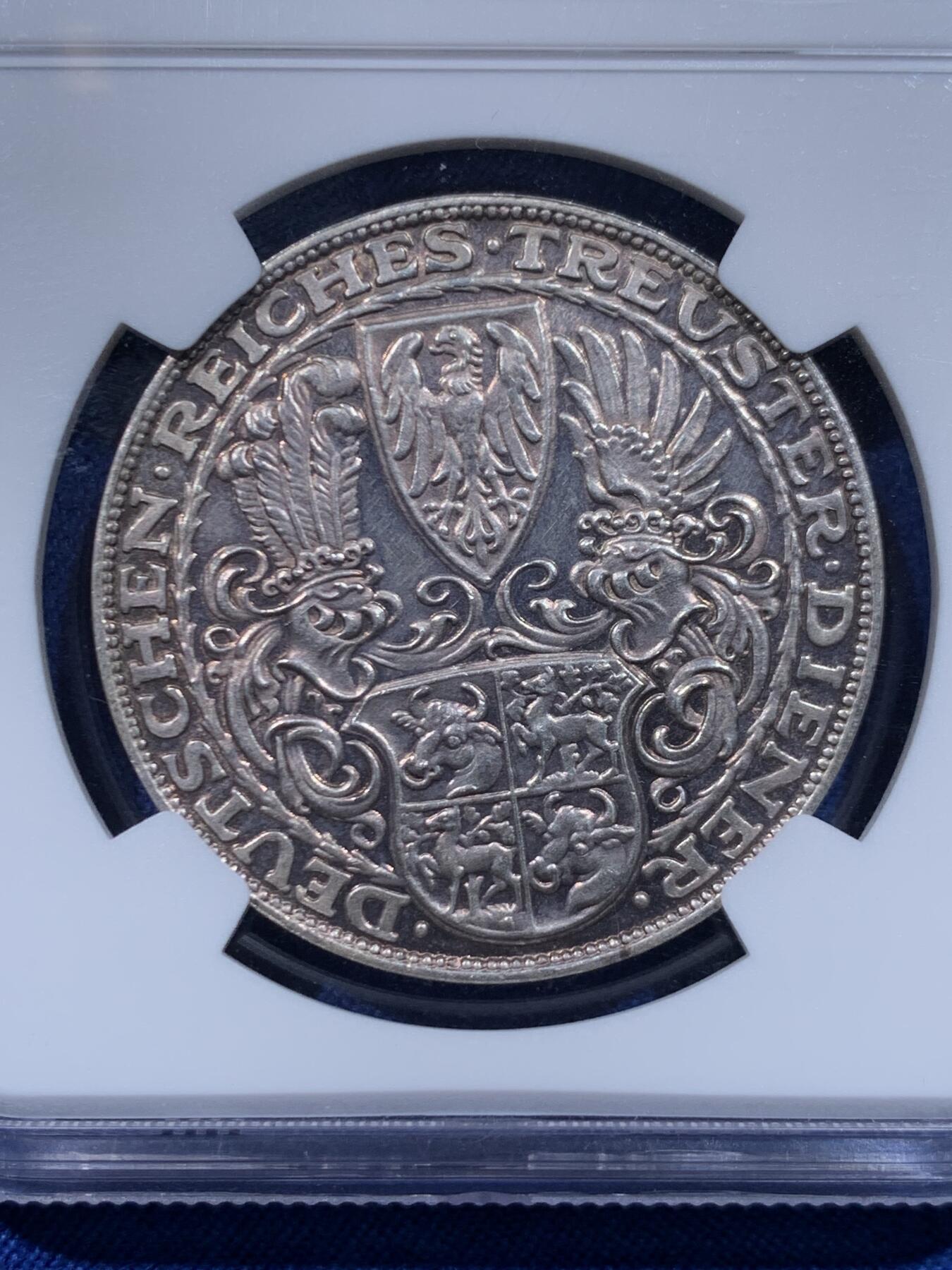 《竞宝斋》第446场 周日，周一，2场连拍 （全场包邮） NGC MS62 德国魏玛共和国1927年兴登堡总统80大寿5马克币章，卡尔哥茨作品，原味银霜感强