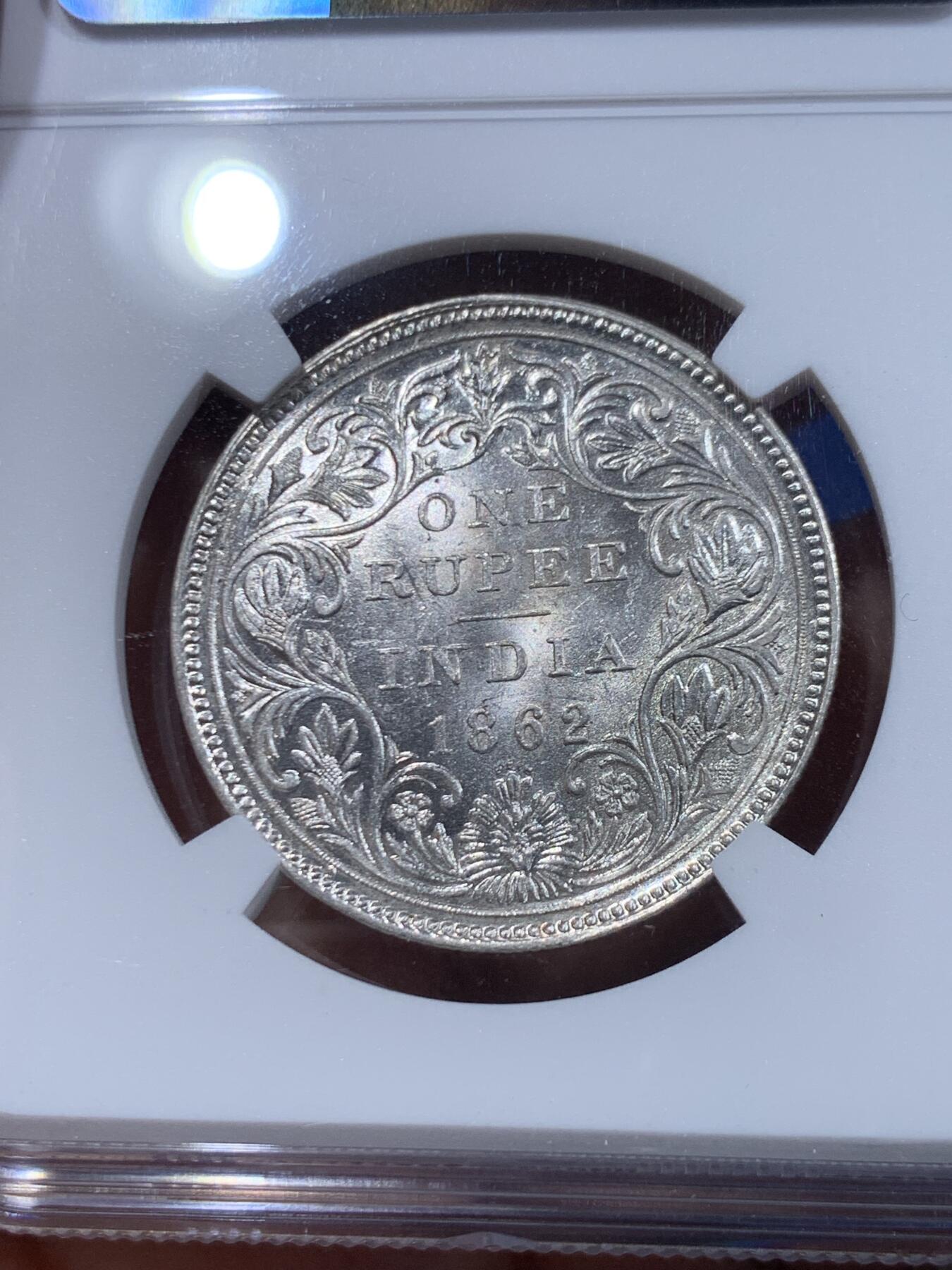 《竞宝斋》第446场 周日，周一，2场连拍 （全场包邮） NGC MS62 英属印度 1862年 维多利亚 1卢比 银币