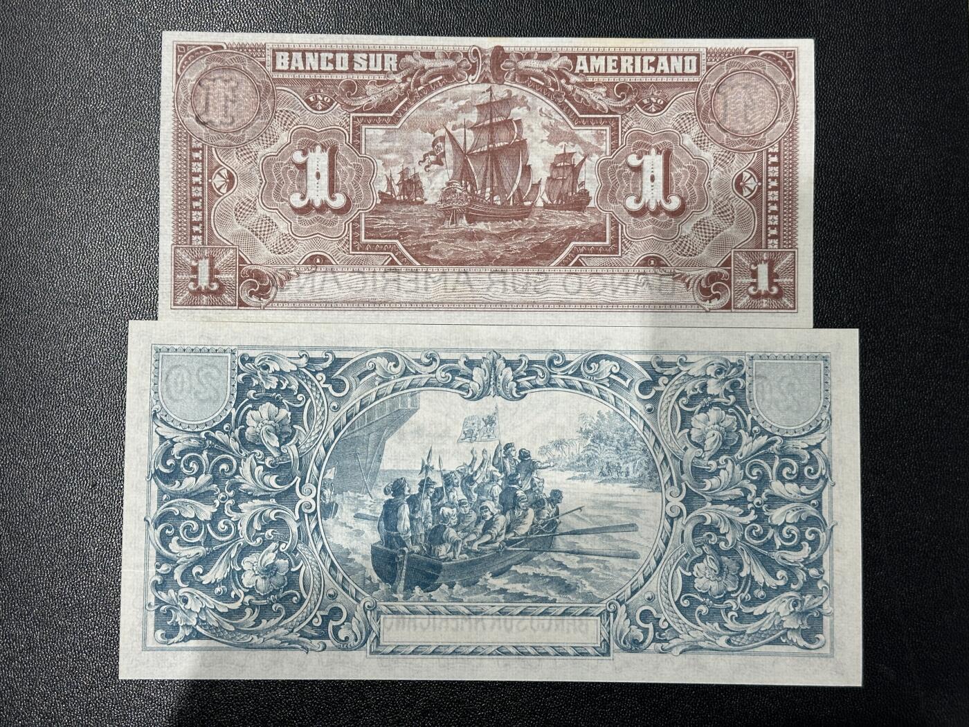 《外钞收藏家》第五百九十二期（精选场）（本平台长期征集拍品、欢迎藏友们联系合作） 南美银行1和20面额 2张一起 UNC-