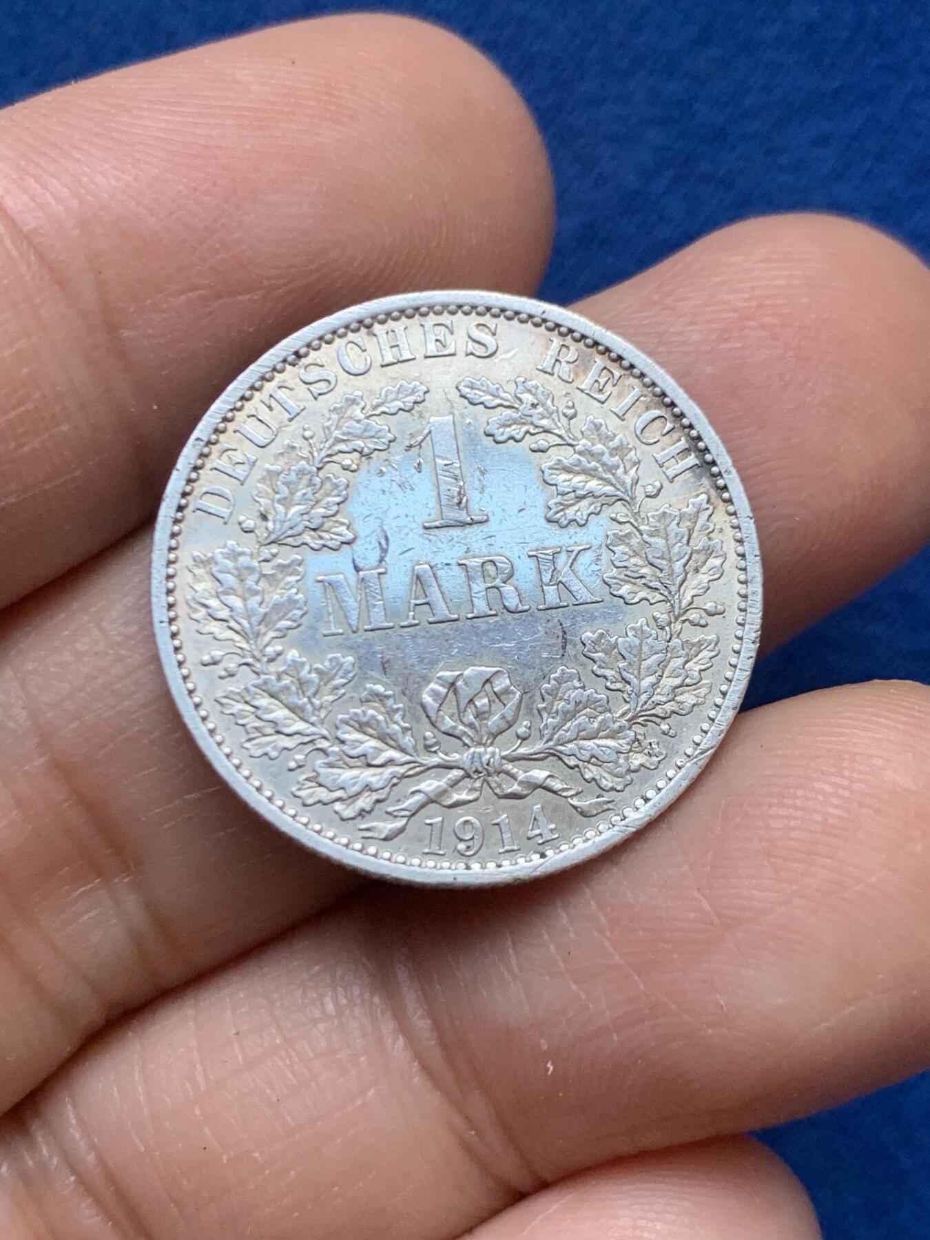 《竞宝斋》第446场 周日，周一，2场连拍 （全场包邮） 德国 1914年 1马克 A厂标 银币