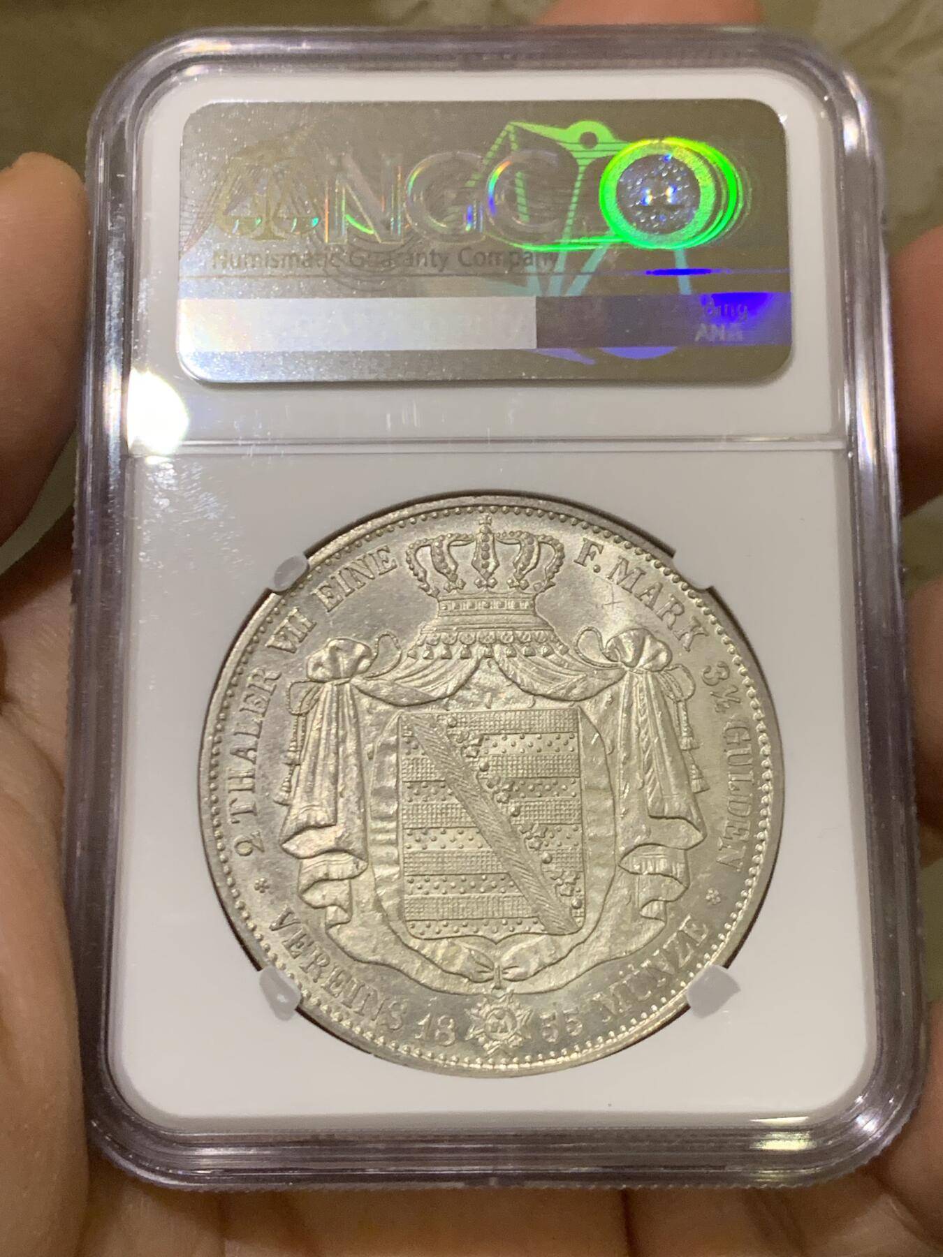 《竞宝斋》第446场 周日，周一，2场连拍 （全场包邮） 季军分 NGC MS62 德国 1855年 萨克森王国 约翰一世 2泰勒37克的大银币 仅发行两年 值得入手 手感十足