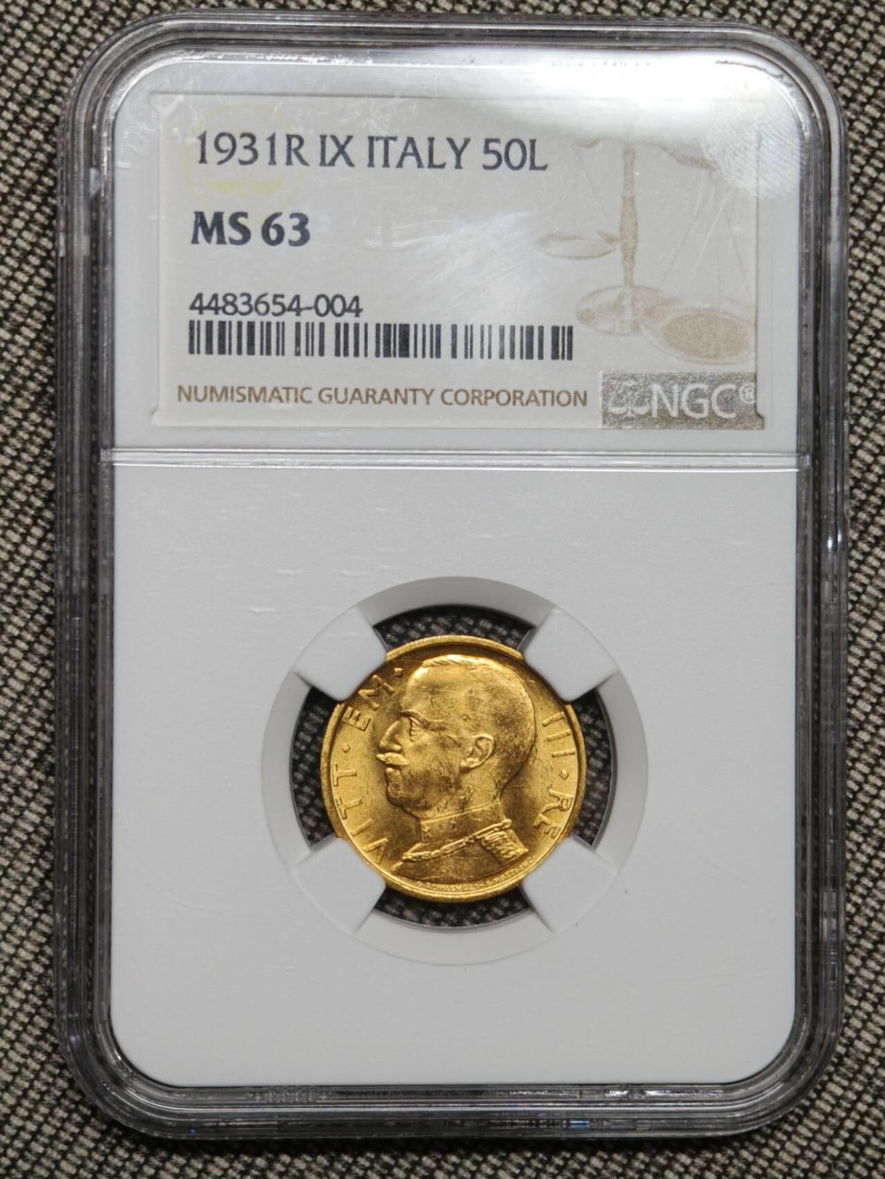 NGC评级MS63意大利国王埃马努埃莱三世50里拉金币