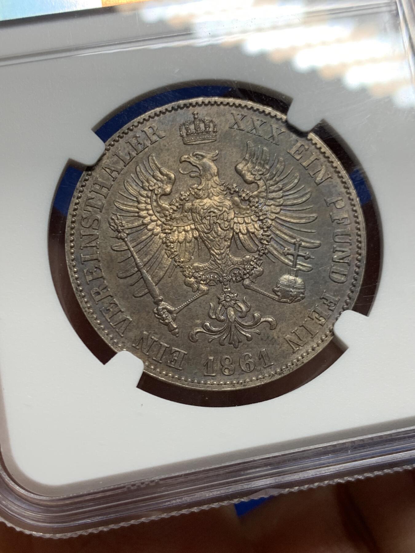 《竞宝斋》第446场 周日，周一，2场连拍 （全场包邮） NGC MS62 德国1861A普鲁士威廉四世-洋葱头1泰勒离冠鹰银币 季军分 好品