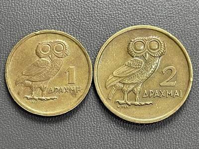 回流1208 - 希腊1973年1德拉克马和2德拉克马 古希腊雅典猫头鹰现代复刻