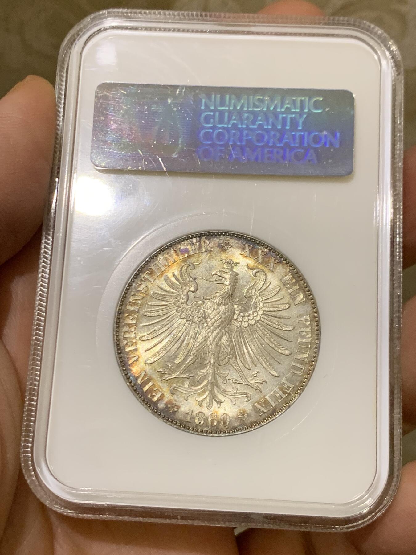 《竞宝斋》第446场 周日，周一，2场连拍 （全场包邮） NGC MS63 德国1860年法兰克福少女泰勒银币 季军分