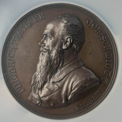 掌中浮雕-藏着的欧洲第045场 - NGC MS63 : 1888 年维也纳圣史蒂芬大教堂落成 25 周年纪念，58mm，正面为建筑师弗里德里希·弗赖赫尔·冯·施密特。奥地利章牌艺术大师安东·沙夫（A.Scharff）设计作品