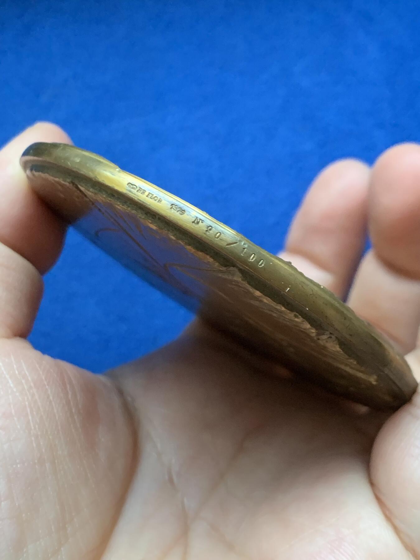 《竞宝斋》第446场 周日，周一，2场连拍 （全场包邮） 名家名作 雅克比尔致敬特雷穆瓦纪念大铜章 255克 77.5mm 1979 丰饶角边铭 限量发行100枚 正面：女神与鹰审视宇宙；背面：特雷穆瓦审视抽象艺术的宇宙。