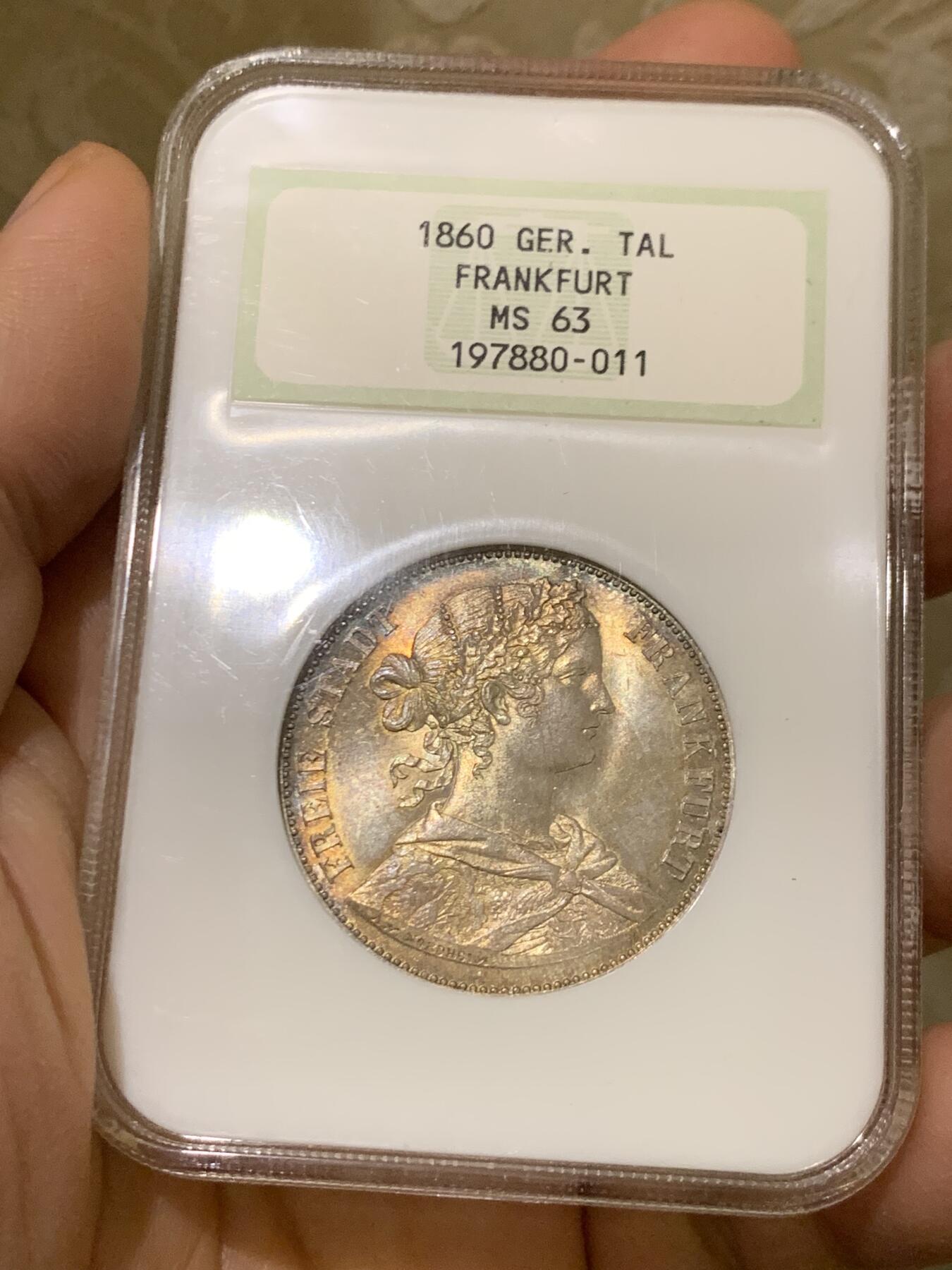《竞宝斋》第446场 周日，周一，2场连拍 （全场包邮） NGC MS63 德国1860年法兰克福少女泰勒银币 季军分