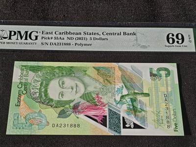刘世昌艺术品销售中心～虎踞龙蟠*金杨在线联拍群第511期 - 东加勒比2021年5元【豹子号】（PMG  69E  号码：DA231888）1枚。