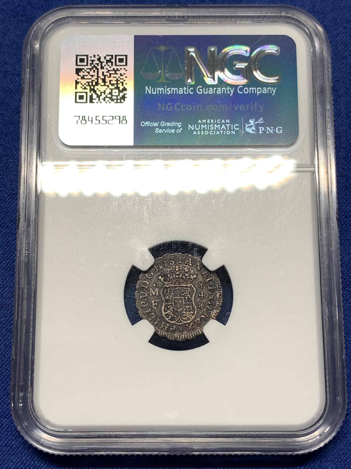 《竞宝斋》第446场 周日，周一，2场连拍 （全场包邮） NGC XFD 西属墨西哥 1736年 1/2里亚尔 银币 地球双柱币的最小面值 凑品必备 传世黑包浆 细节良好 大热品种