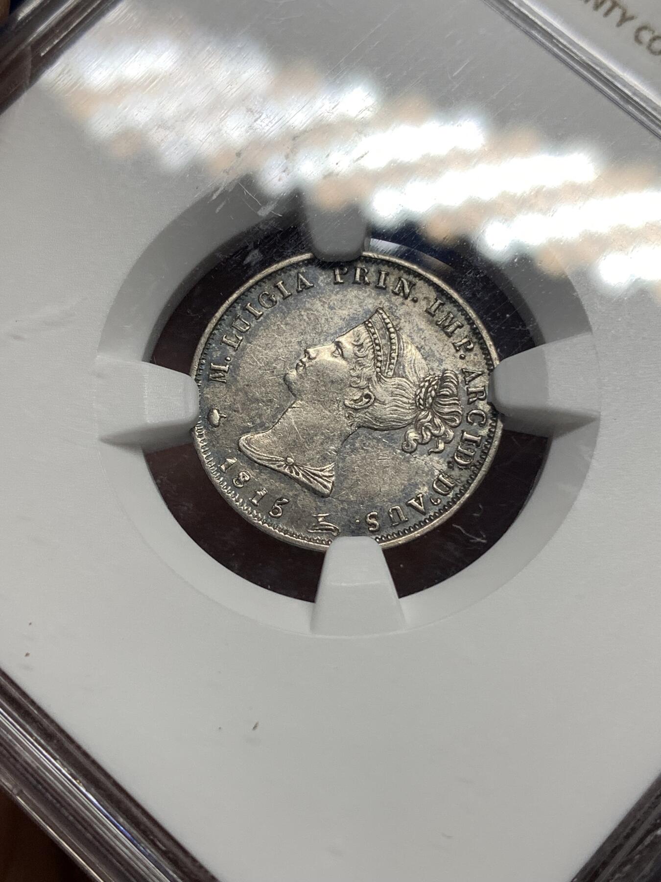 《竞宝斋》第446场 周日，周一，2场连拍 （全场包邮） NGC AU53 帕尔马公国 1815年 10索尔 银币 玛丽路易丝（拿皇妻子）在位时期发行 温润原光 细节极佳 已有淡彩包浆 拿系币必备 稀缺热门品种