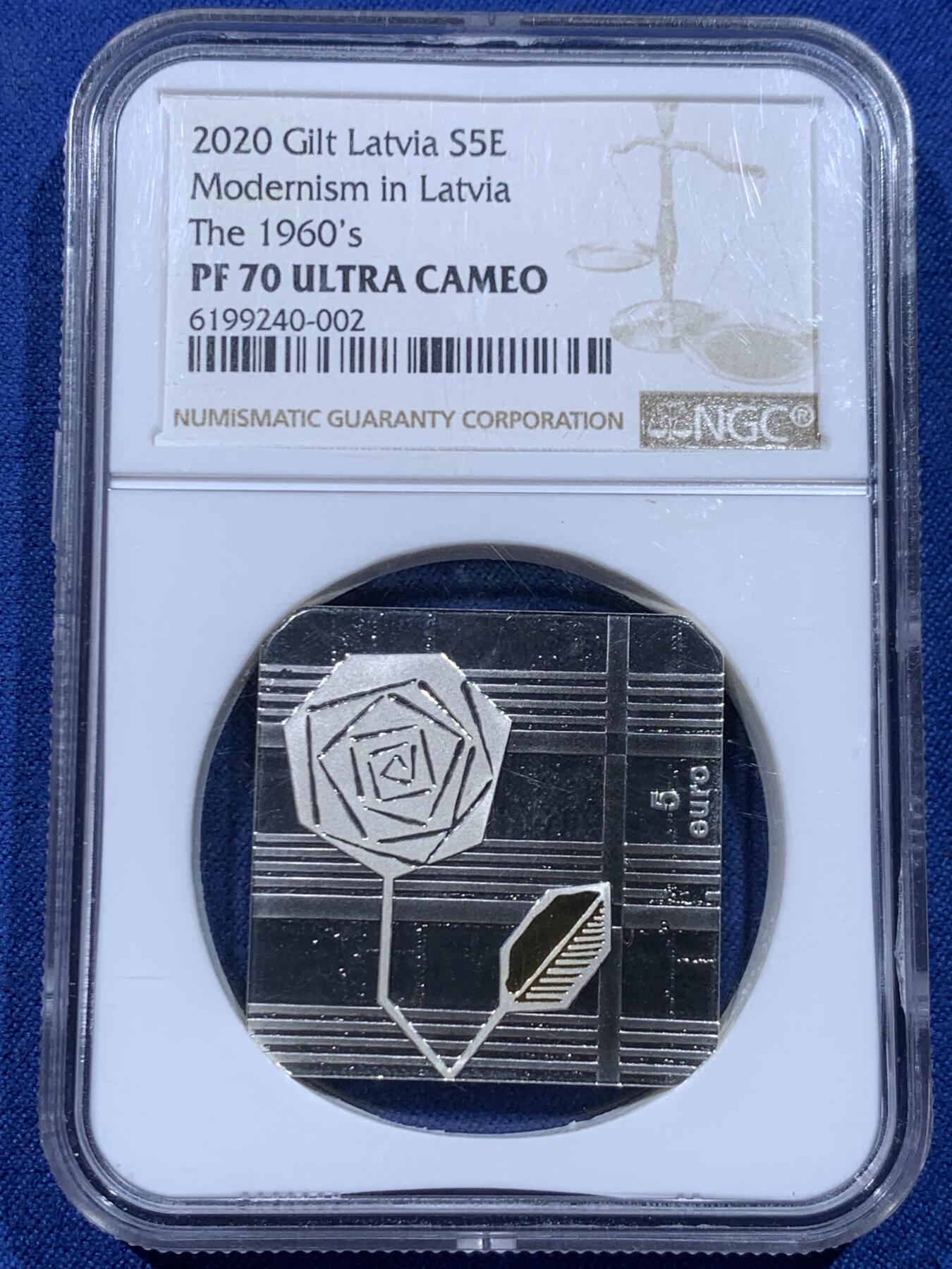 《竞宝斋》第446场 周日，周一，2场连拍 （全场包邮） NGC PF70UC 2020年“拉脱维亚现代主义·六十年代”切角方形精制纪念银币，获奖币，70满分，冠军分。