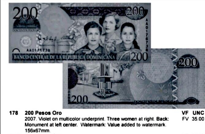 全新多米尼加共和国2014年100比索、2007年200比索靓品纸币2枚一对