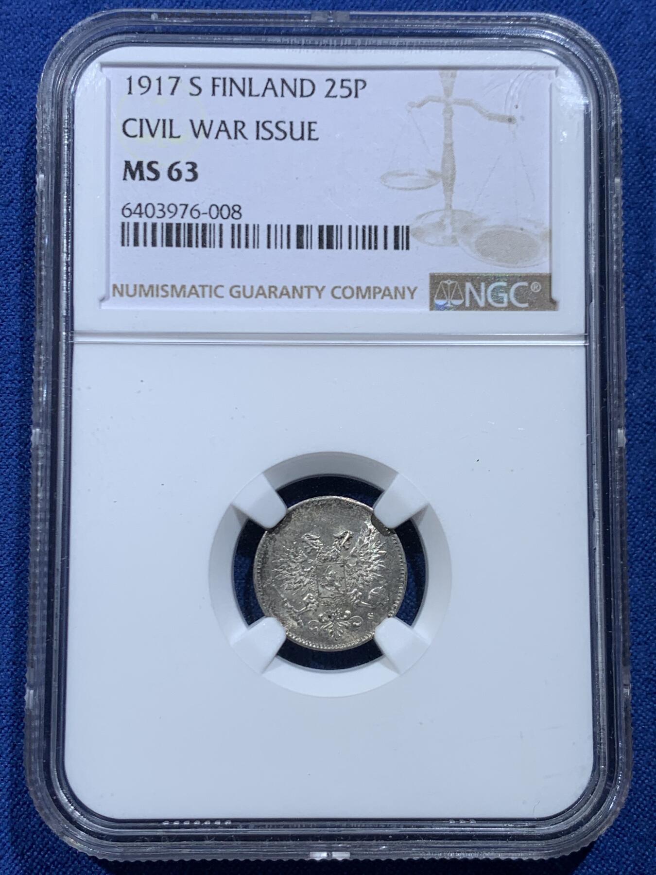 《竞宝斋》第446场 周日，周一，2场连拍 （全场包邮） 三枚一组 NGC MS65/63/62 芬兰1916/1917/1911年25/25/50芬妮银币，包浆各异，值得入手。