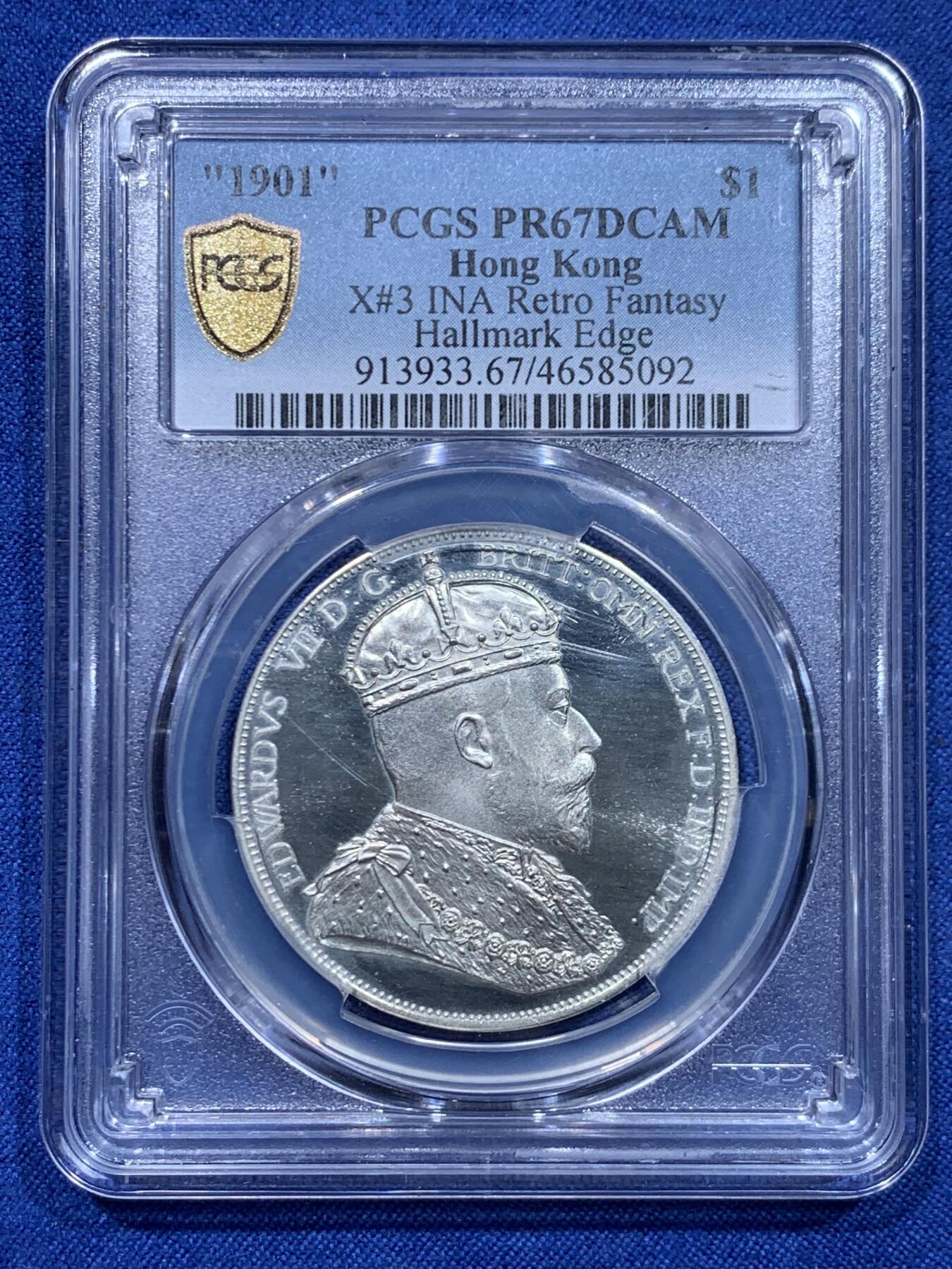 《竞宝斋》第446场 周日，周一，2场连拍 （全场包邮） PCGS PR67DCAM 香港1901年爱德华七世一元银币 臆造版本 精制镜面
