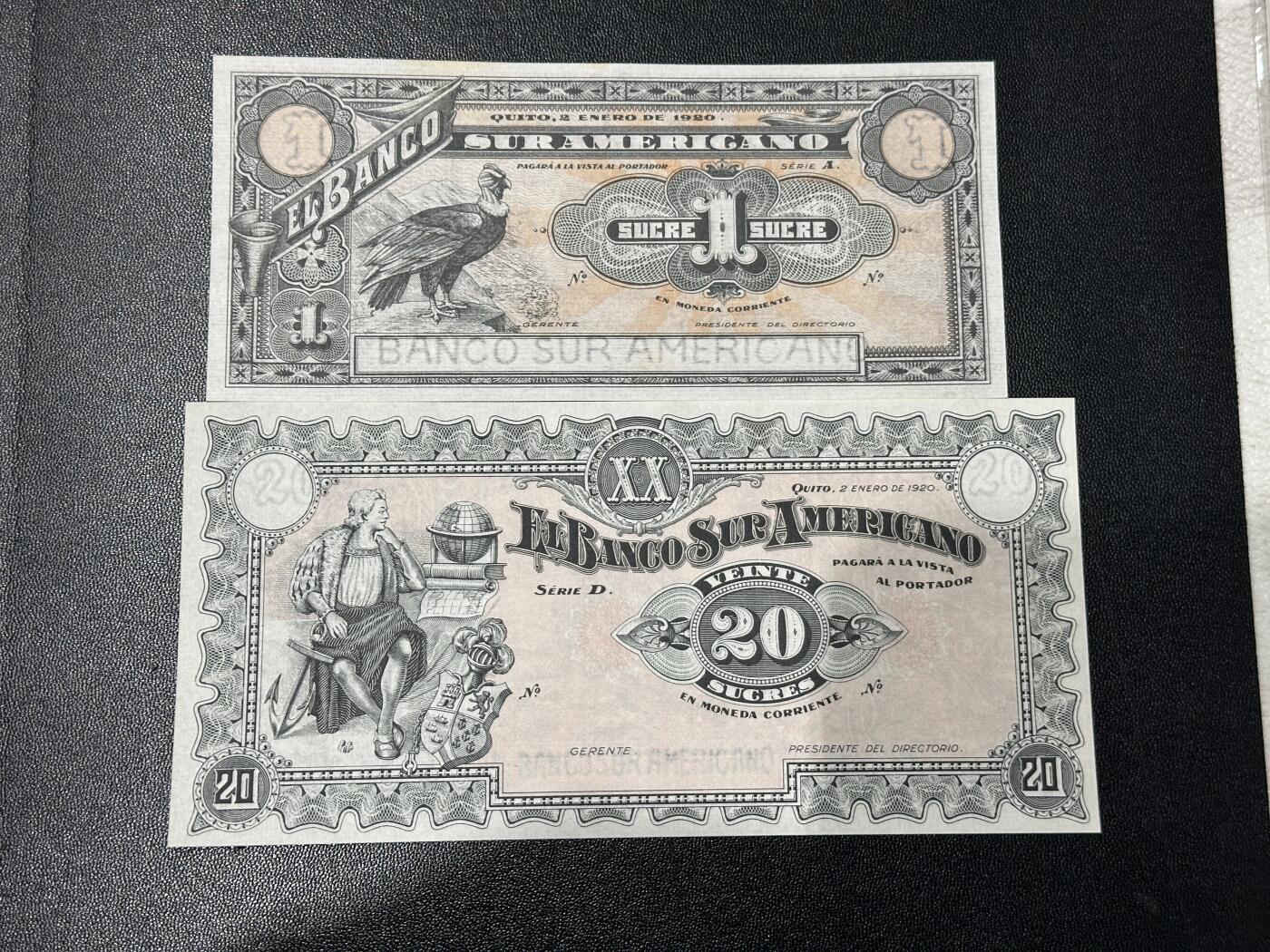 《外钞收藏家》第五百九十二期（精选场）（本平台长期征集拍品、欢迎藏友们联系合作） 南美银行1和20面额 2张一起 UNC-