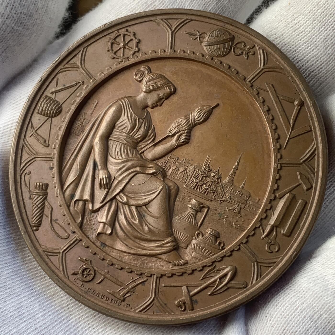 掌中浮雕-藏着的欧洲第045场 1869年德国汉堡阿尔托纳区展览会纪念铜章，60mm，原盒