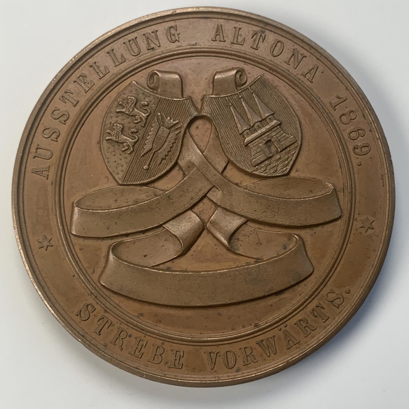 掌中浮雕-藏着的欧洲第045场 1869年德国汉堡阿尔托纳区展览会纪念铜章，60mm，原盒