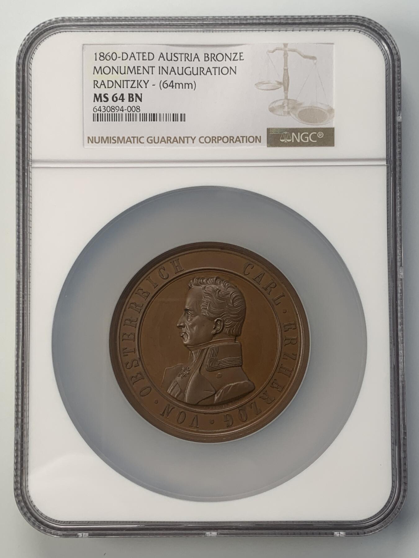 掌中浮雕-藏着的欧洲第045场 NGC MS64 : 1860年奥匈帝国卡尔大公纪念碑揭幕铜章，64mm