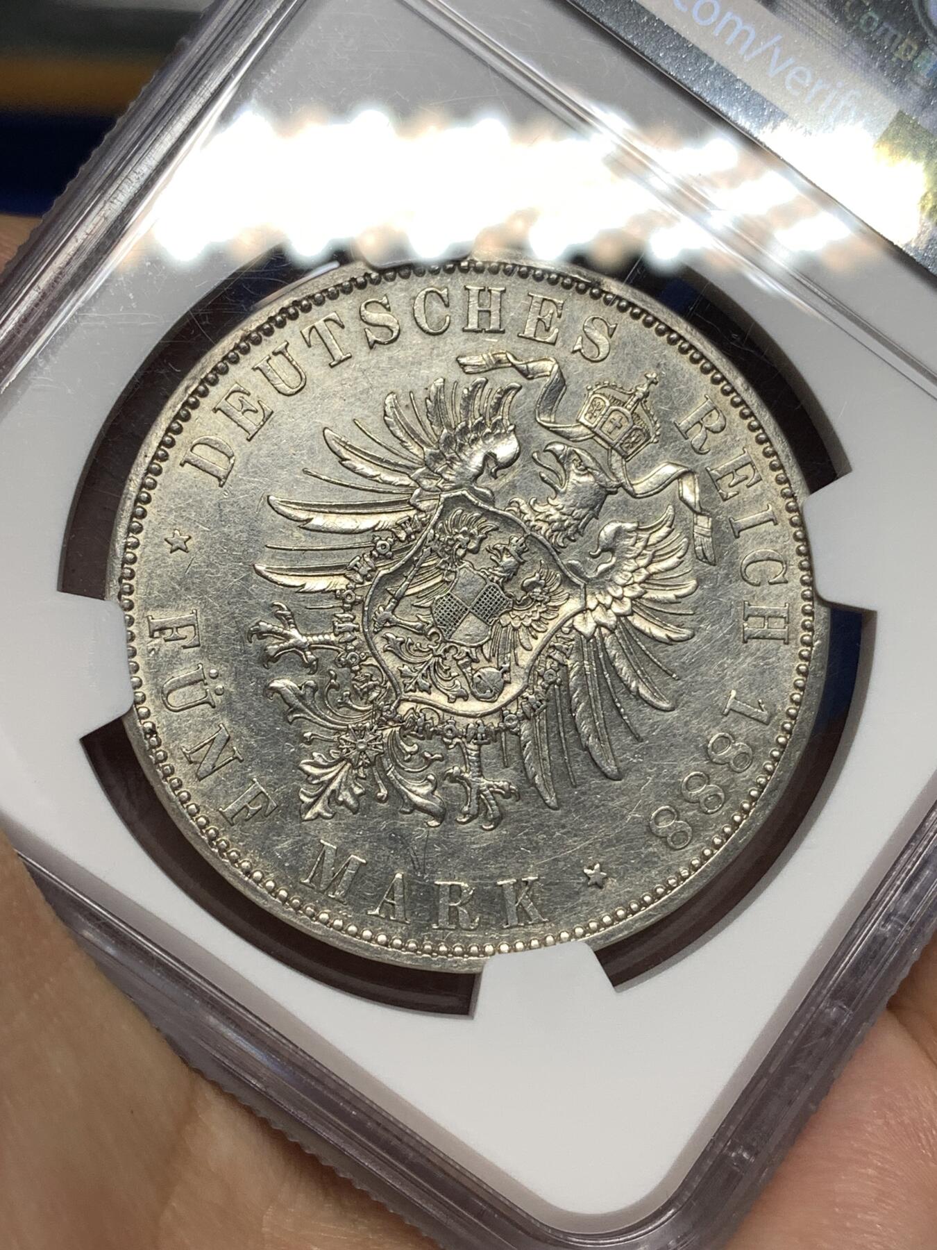 《竞宝斋》第446场 周日，周一，2场连拍 （全场包邮） NGC AUD 德国 1888年 弗里德里希三世 5马克 银币 27.78g 38mm