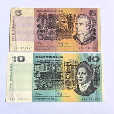 各国外币第101期 - 新西兰5元10元 2张