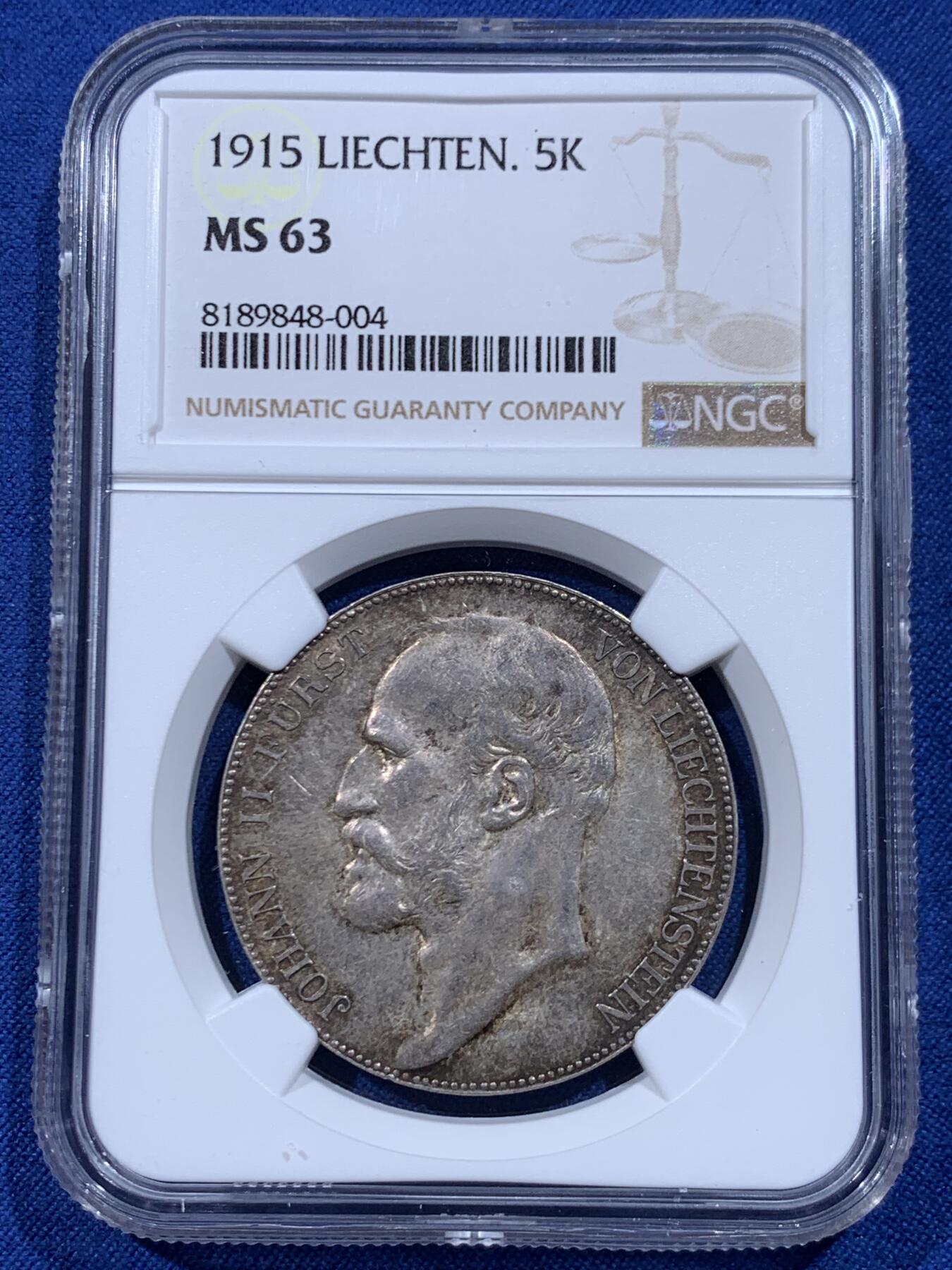 《竞宝斋》第446场 周日，周一，2场连拍 （全场包邮） NGC MS63 列支敦士登1904年约翰二世亲王5克朗银币 深包浆带底光 高分确实少见 标签年份错误