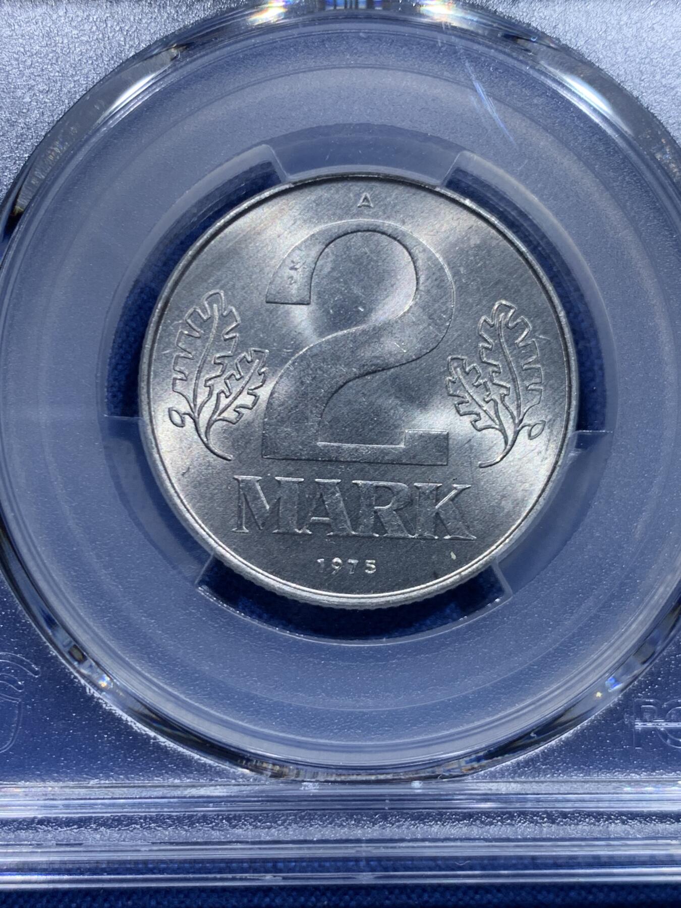 《竞宝斋》第446场 周日，周一，2场连拍 （全场包邮） PCGS MS63 东德1975年2马克铝币 车轮光状态漂亮 低评!