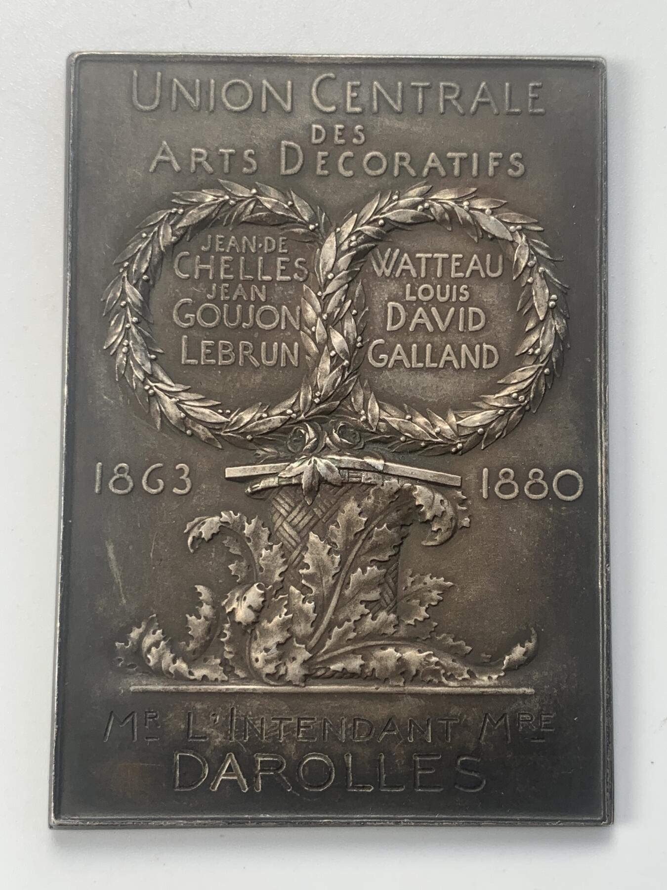 掌中浮雕-藏着的欧洲第045场 1880年法国装饰艺术联盟镀银铜章  ，67 X 47mm，章牌大师奥斯卡.罗蒂Oscar Roty（1846-1911）作品