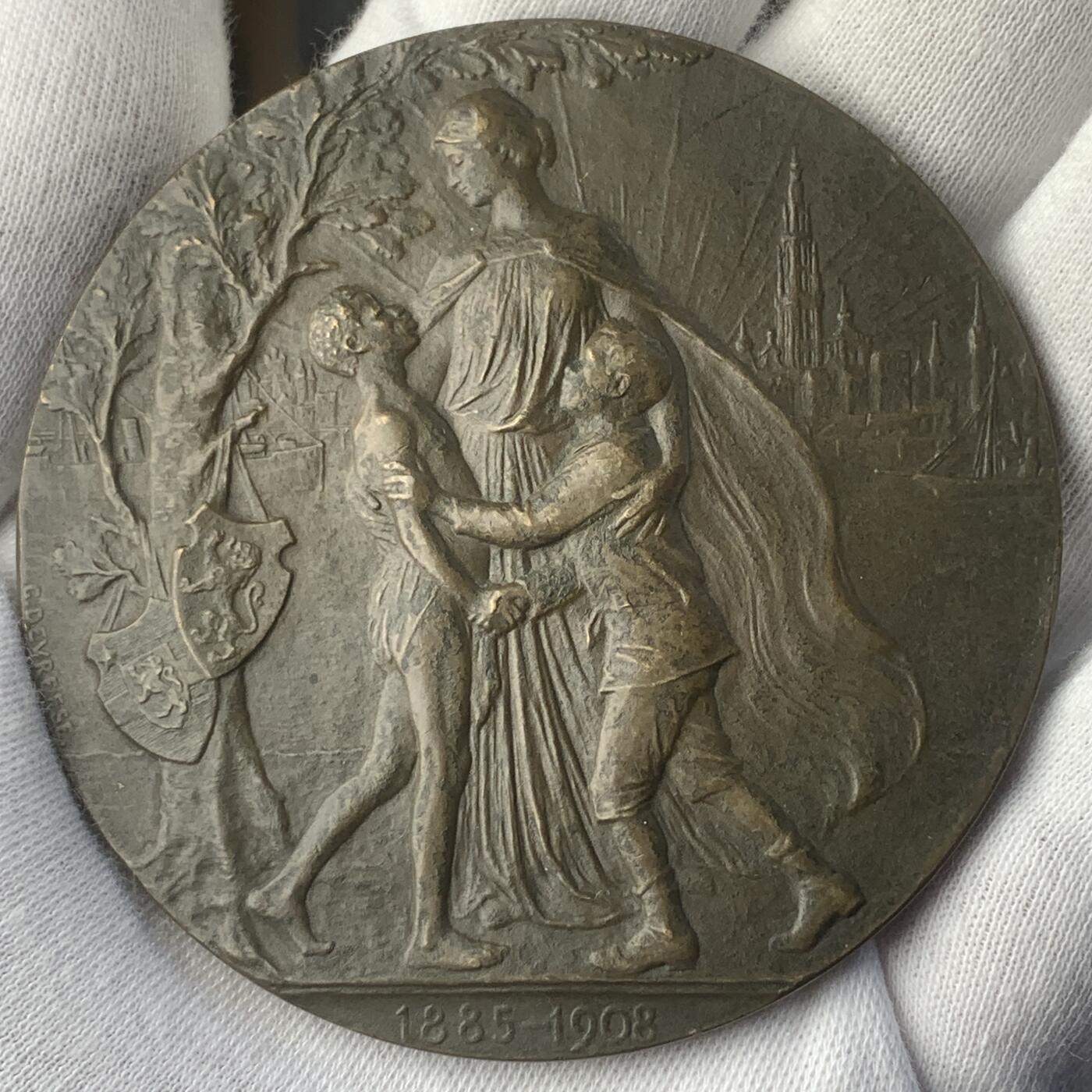 掌中浮雕-藏着的欧洲第045场 1908年比属刚果签订成立纪念铜章，70mm