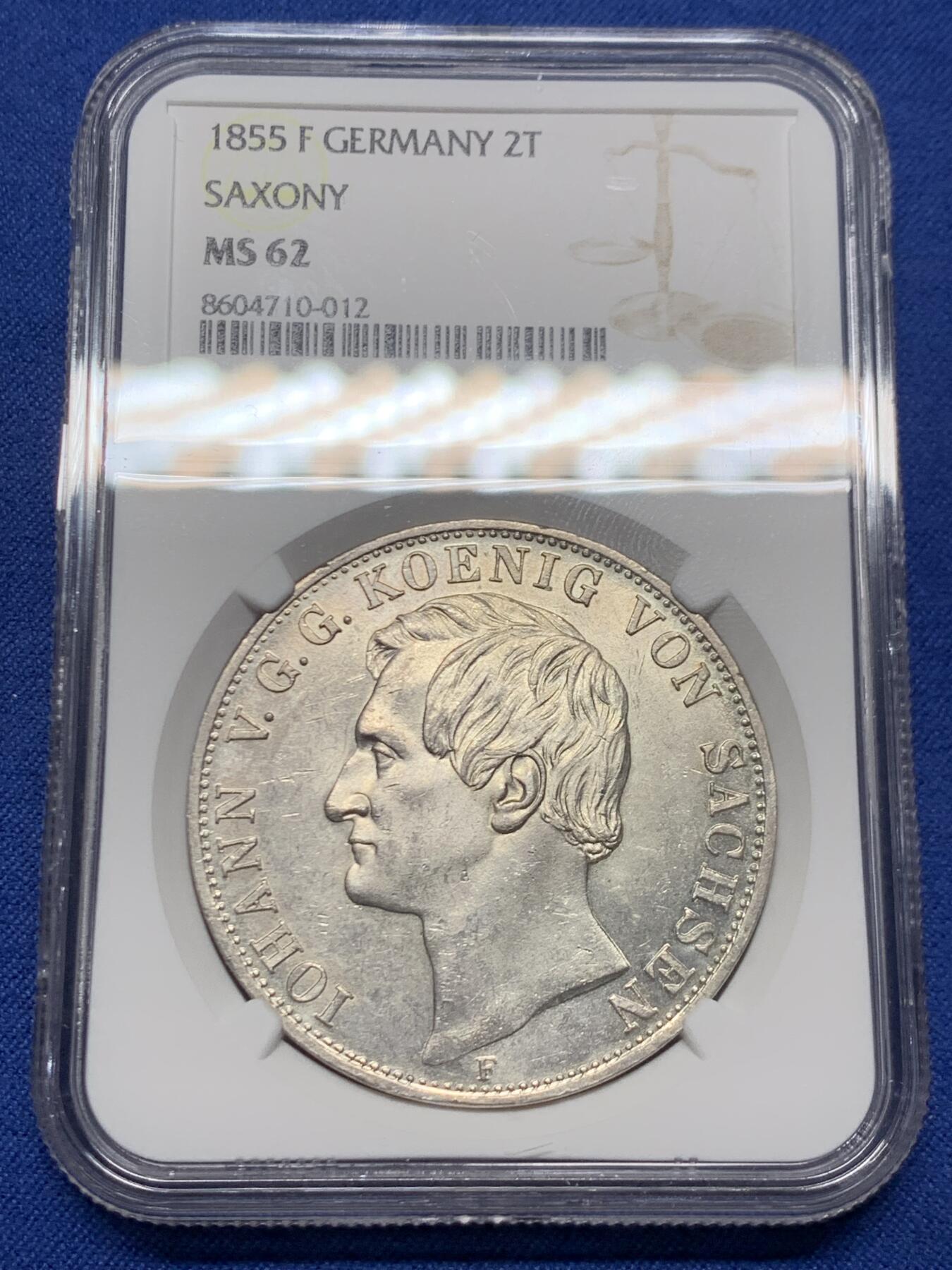 《竞宝斋》第446场 周日，周一，2场连拍 （全场包邮） 季军分 NGC MS62 德国 1855年 萨克森王国 约翰一世 2泰勒37克的大银币 仅发行两年 值得入手 手感十足