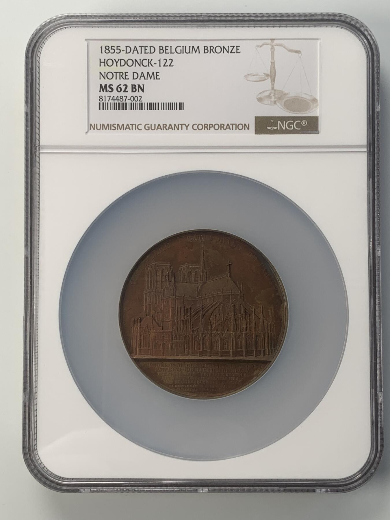 掌中浮雕-藏着的欧洲第045场 NGC MS62 : 1855年法国巴黎圣母院铜章 ,59mm，大师维纳教堂系列中稀少品种