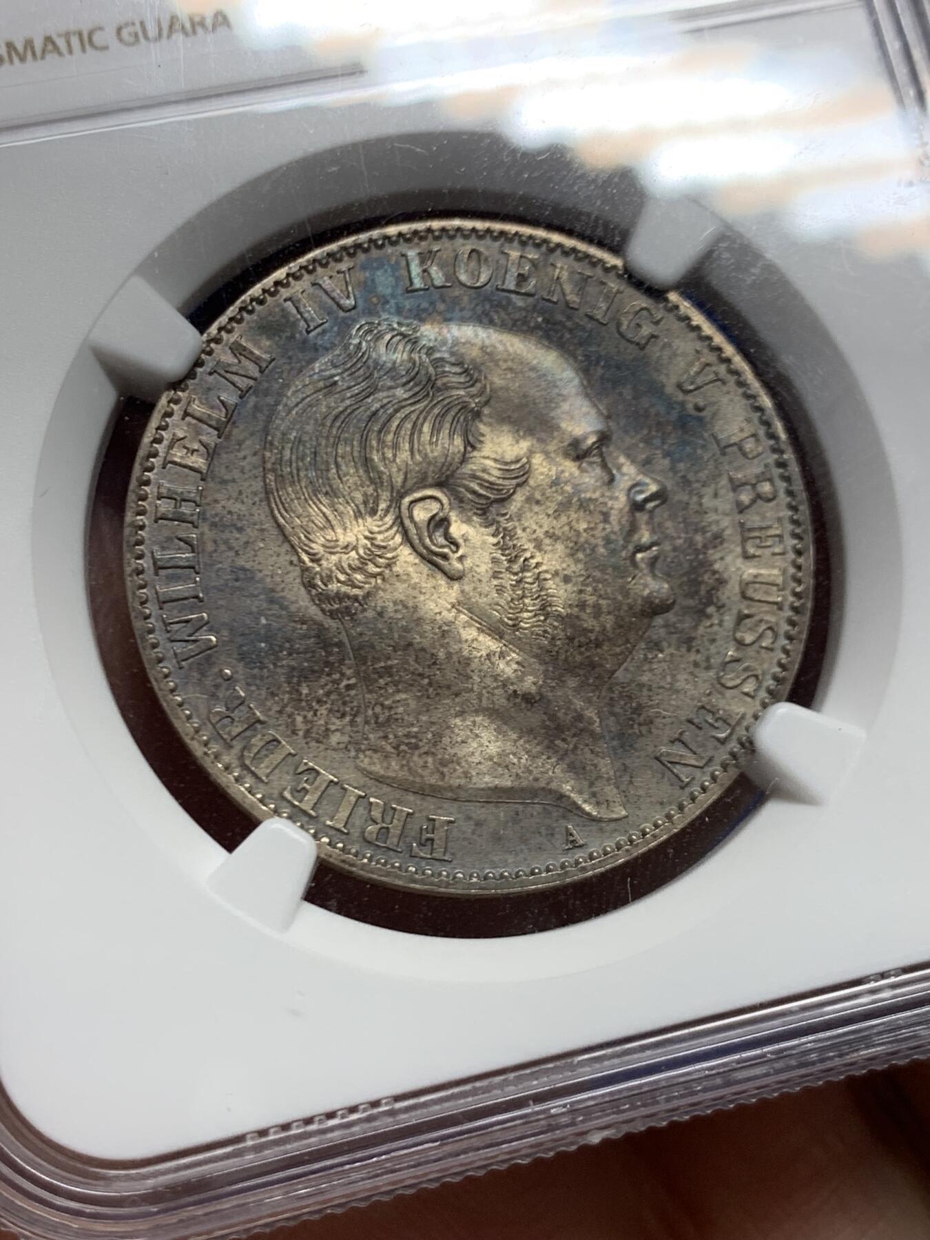 《竞宝斋》第446场 周日，周一，2场连拍 （全场包邮） NGC MS62 德国1861A普鲁士威廉四世-洋葱头1泰勒离冠鹰银币 季军分 好品