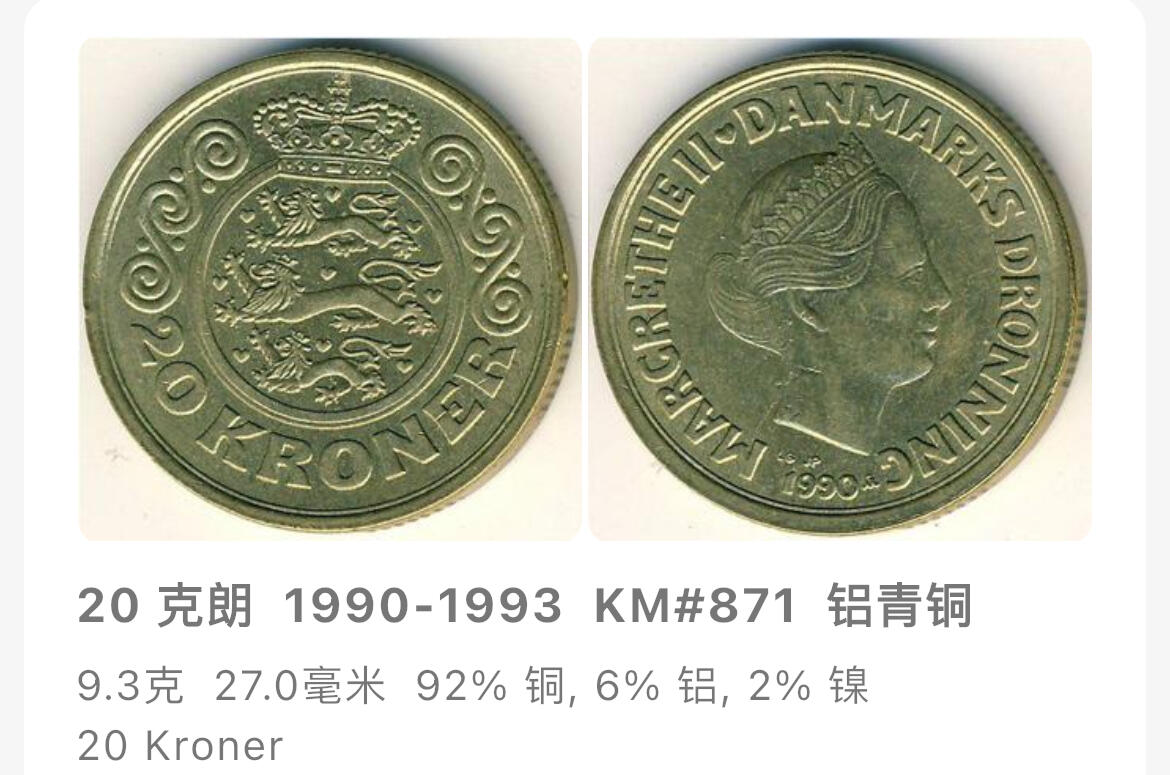 回流1208 丹麦1990年20法郎铜币 玛格丽特二世