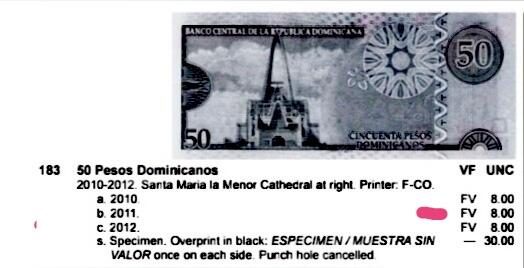 全新多米尼加共和国2009年20比索、2006、2011年50比索靓品纸币3枚一组