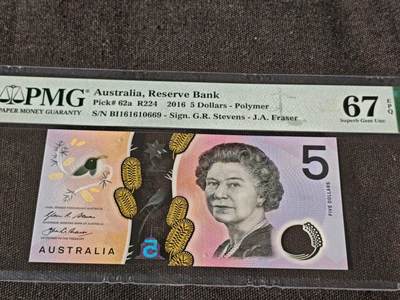 刘世昌艺术品销售中心～虎踞龙蟠*金杨在线联拍群第511期 - 澳大利亚2016年5元【倒置号】（PMG 67E 号码：BI161610669）1枚。