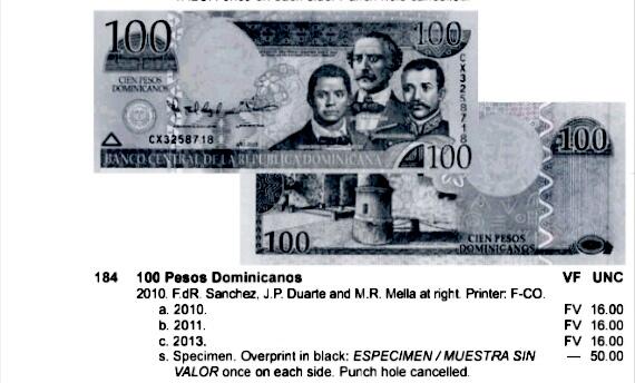 全新多米尼加共和国2010、2012年100比索靓品纸币2枚一对