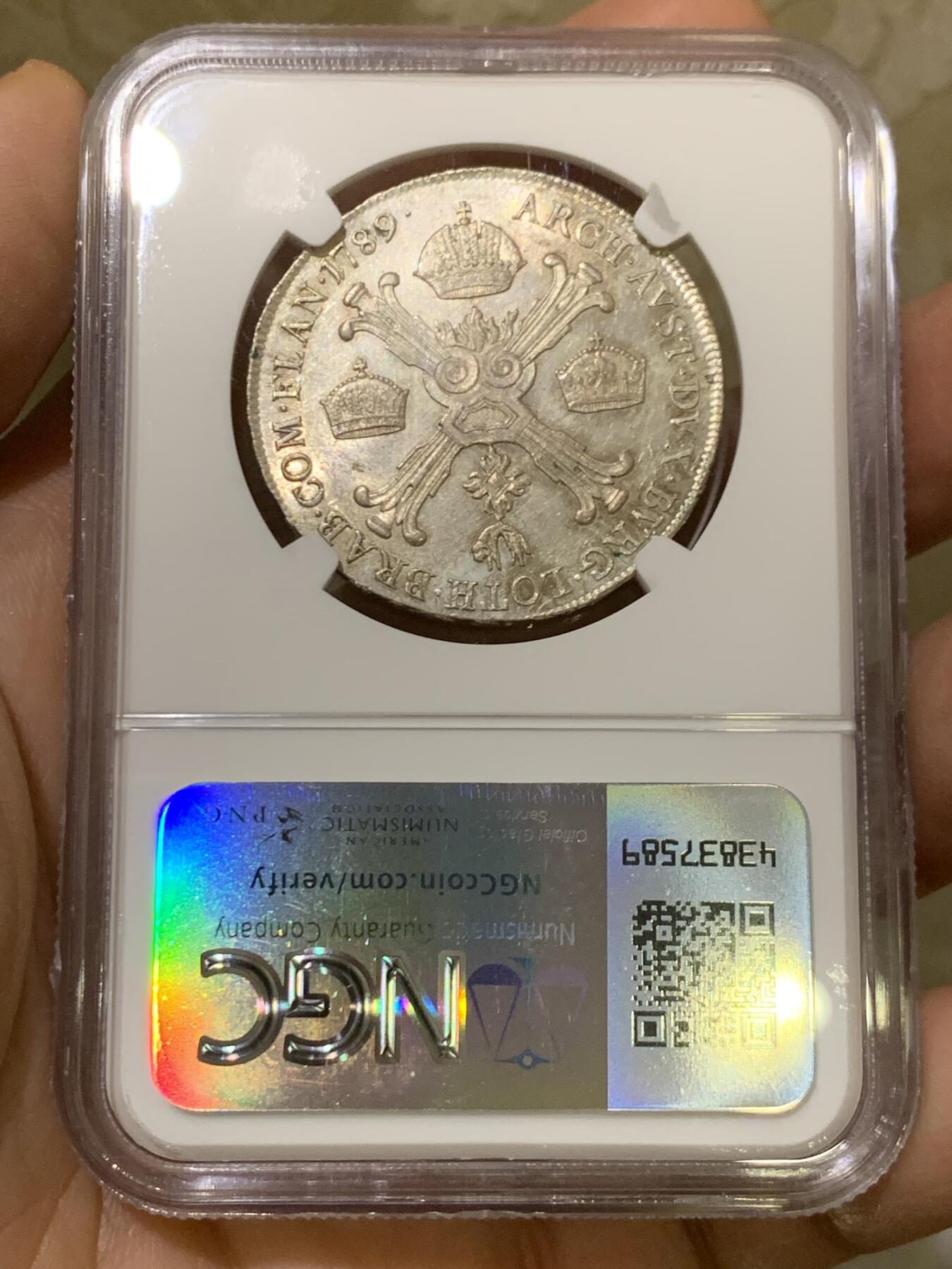 《竞宝斋》第446场 周日，周一，2场连拍 （全场包邮） 唯一冠军分 NGC MS62 奥属尼德兰 1789年 约瑟夫二世 1/2泰勒银币 全深打在这个品类上已经很难得了 包浆也好